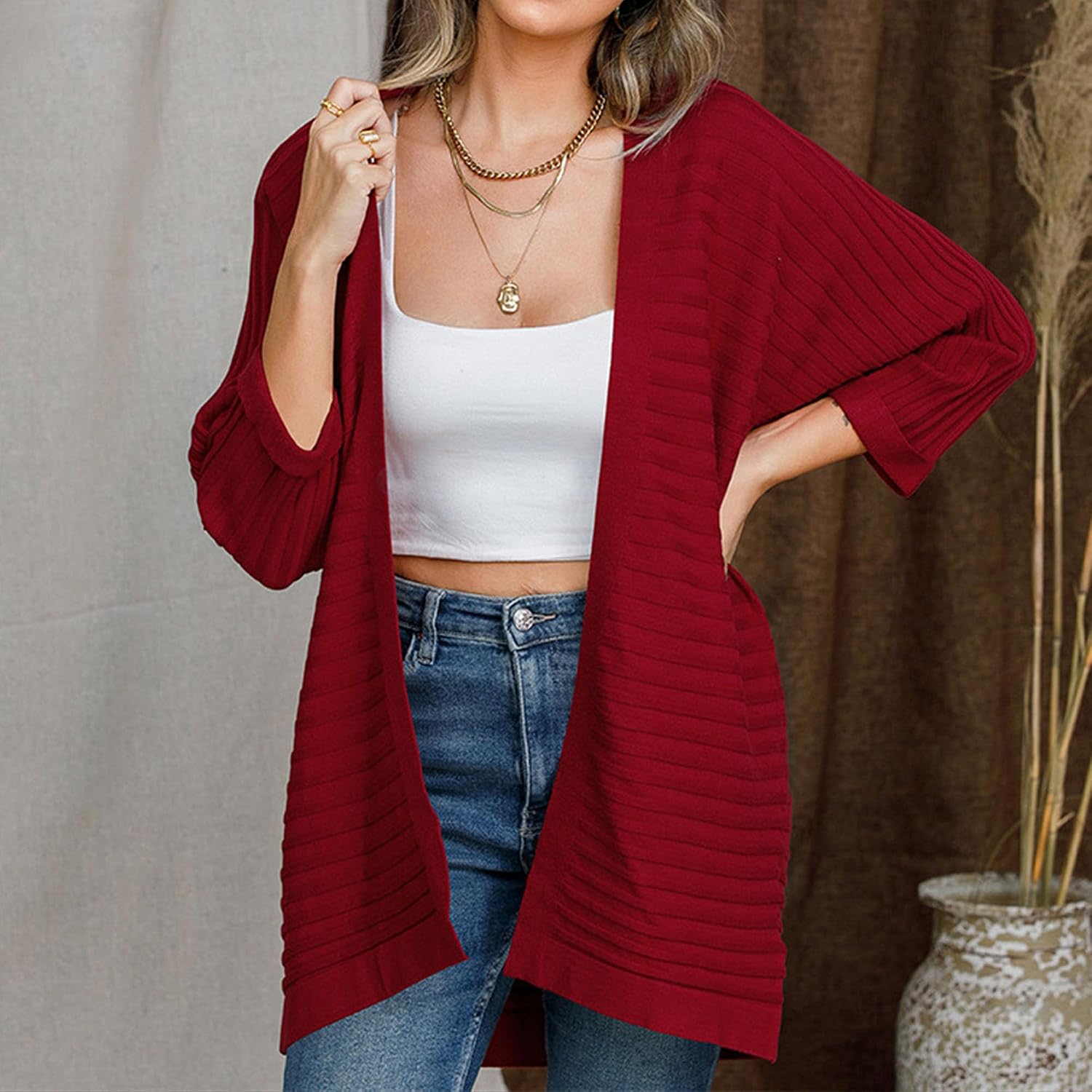 Women's 2024 Fall Open Front Cardigan Long Sleeve Chunky Knit Sweater Jacket Fashion Loose Solid Outerwear Coats