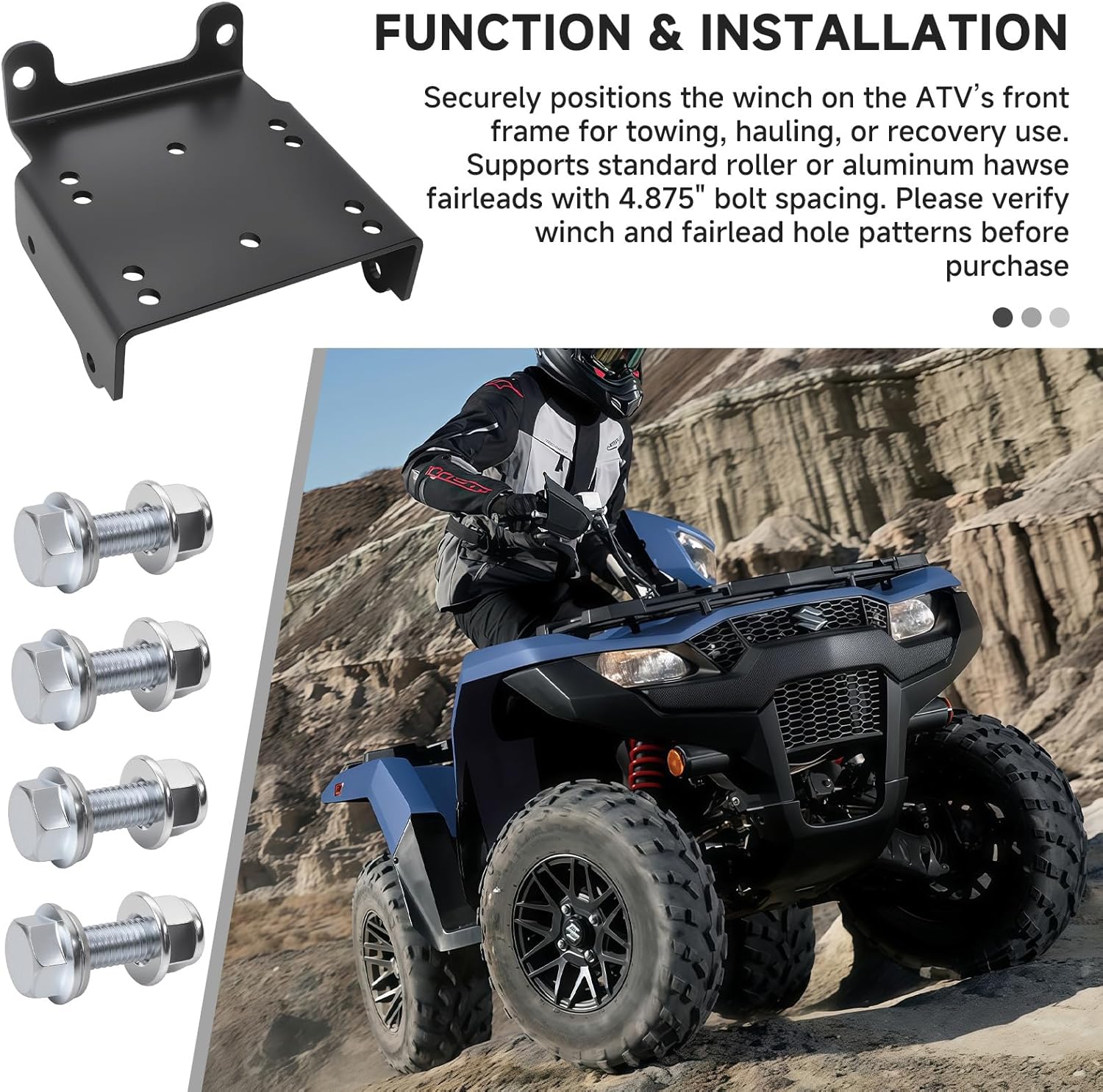 ATV Winch Mounting Bracket Kit Compatible with Suzuki King Quad 450/500 AXi/700/750 Winch Mount, Fits 2000–3600 lb Winches, 4.875" Fairlead, Standard 4-Hole 4 7/8"x 3"& 2-Hole Mounting Plate