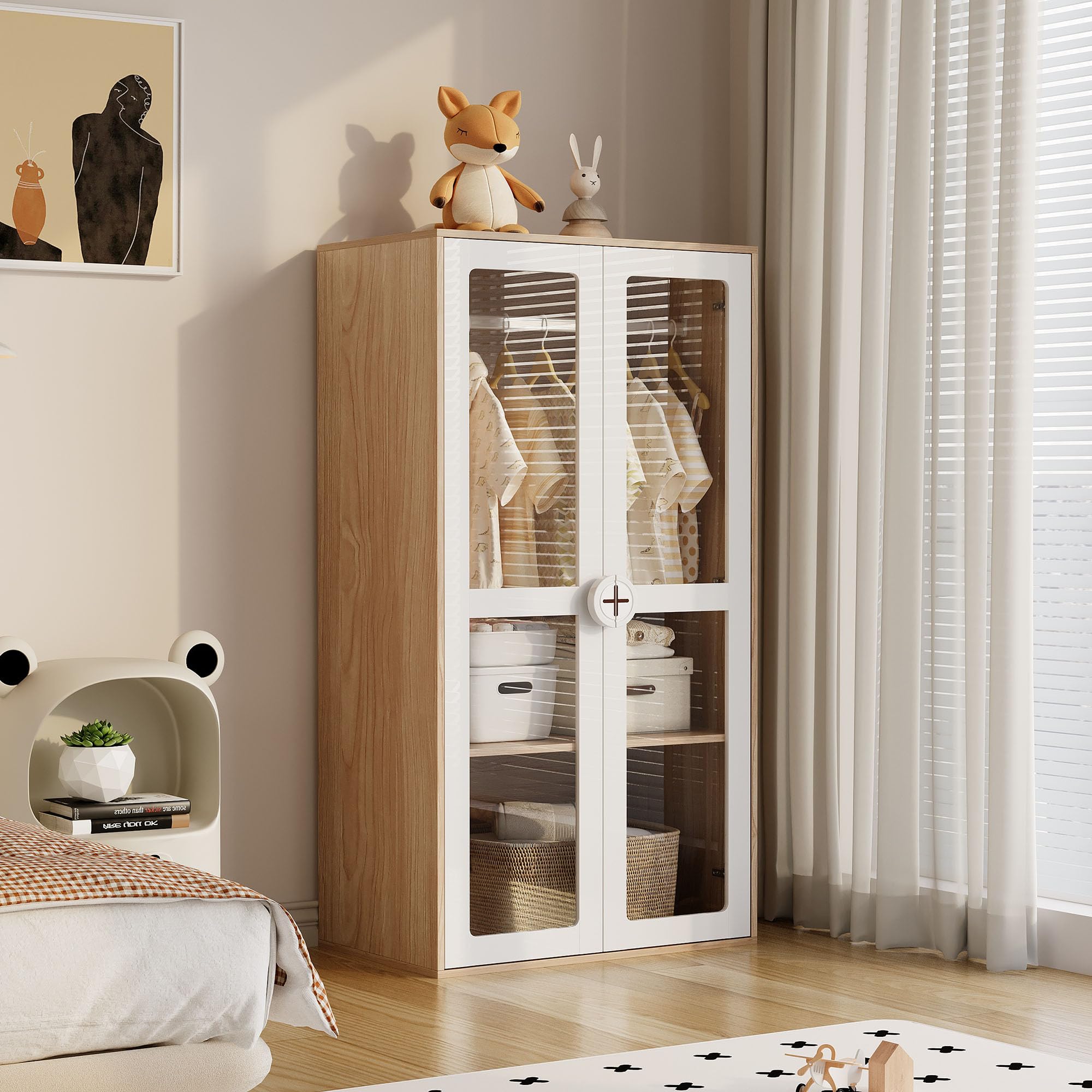 REXO Armario infantil de 80 × 50 × 150 cm, armario de puerta de cristal de dos puertas con barra para colgar y estantes deslizantes, asas de madera en forma de galleta, color blanco + madera natural