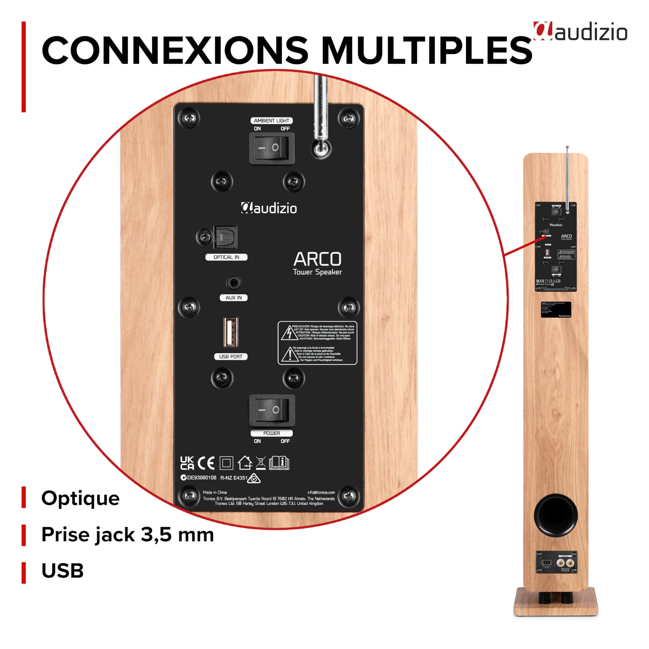 Audizio ARCO - Enceinte Colonne Hi-FI Active Chêne Clair avec Radio Dab+ 160W avec 3 Woofers 4″ - Tour de Son BT, USB, Optique