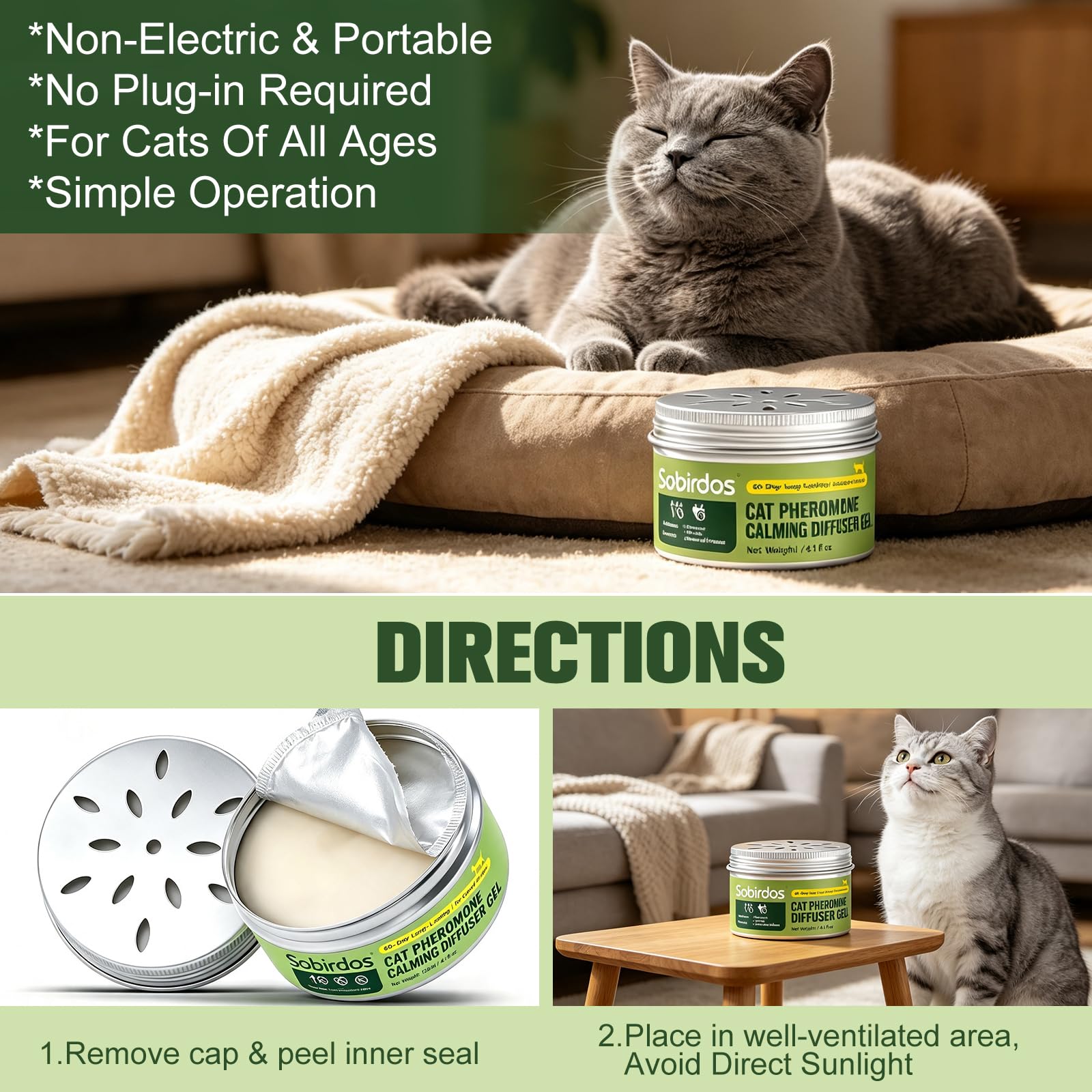 Diffusore Gel Calmante per Gatti, 120ml Senza Elettricità, 60 Giorni Durata, Coperchio Regolabile, Sicuro per Gatti Domestici e Multi-Gatto (Bianco, M)