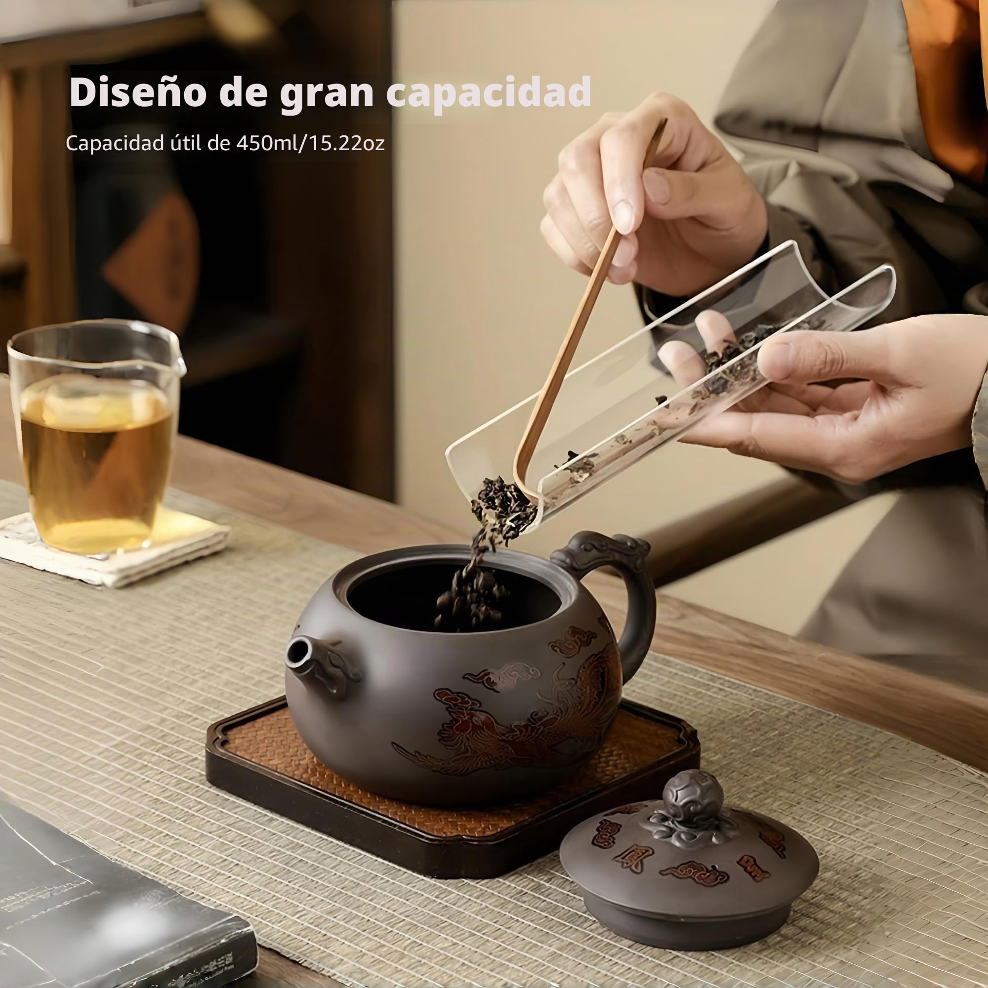 Juego de Tetera Yixing Zisha 450ML, Grande Tetera China de Arcilla con Caja de Regalo, Servicio de Té Que Cambia de Color Kung Fu con 2 Tazas, Dragón y Fénix