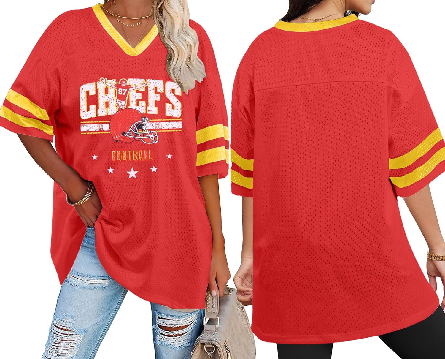 Oversized Football Jersey Tshirt Women Game Day Graphic V-Neck Jersey Tees Football Team Fans Mesh Tshirt - Image 3