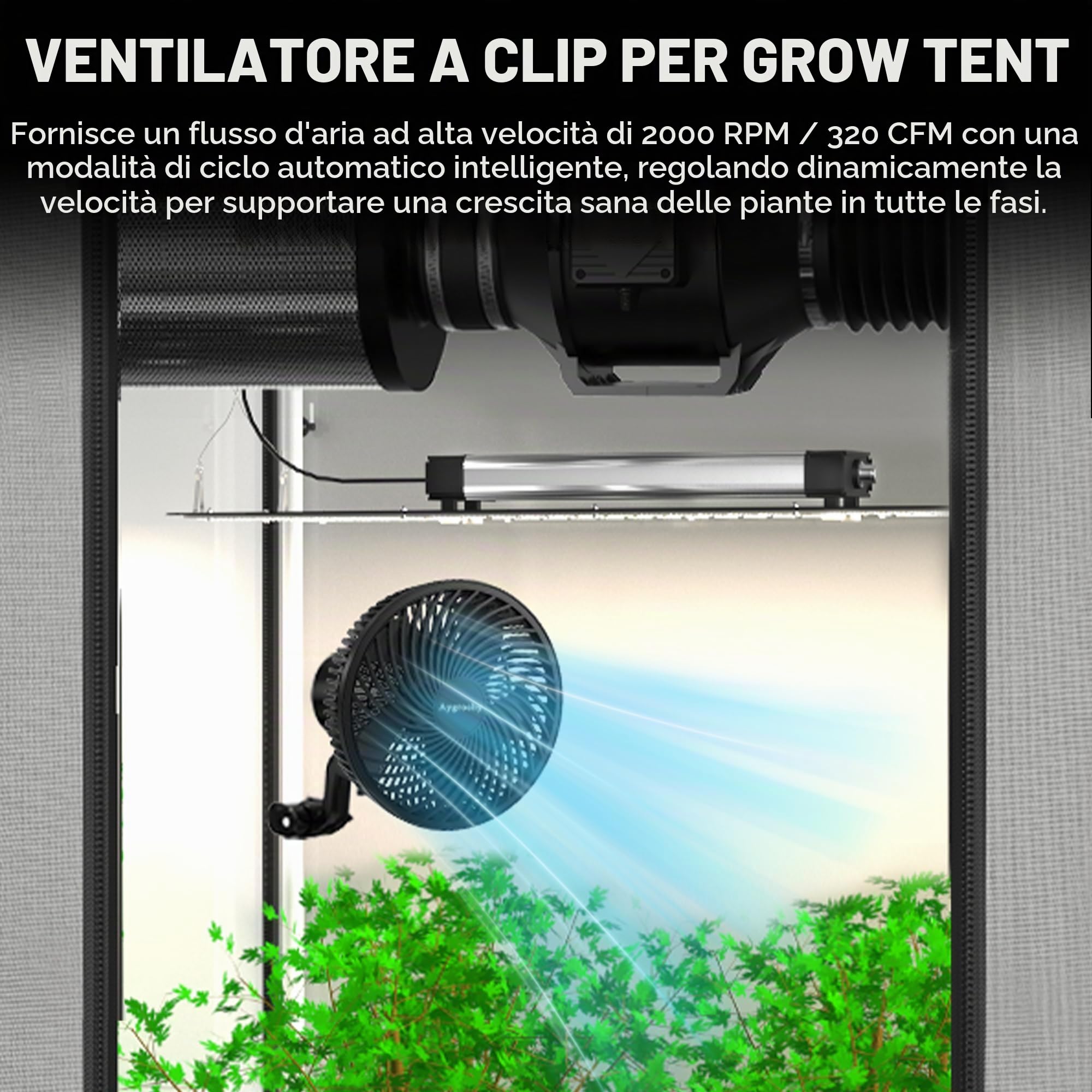 Aygrochy Ventilatore per coltivazione da 9 W con clip, motore EC con 10 velocità, grado di protezione IP-44, ventola a clip per tenda, ventola silenziosa per ricircolo e raffreddamento in interni