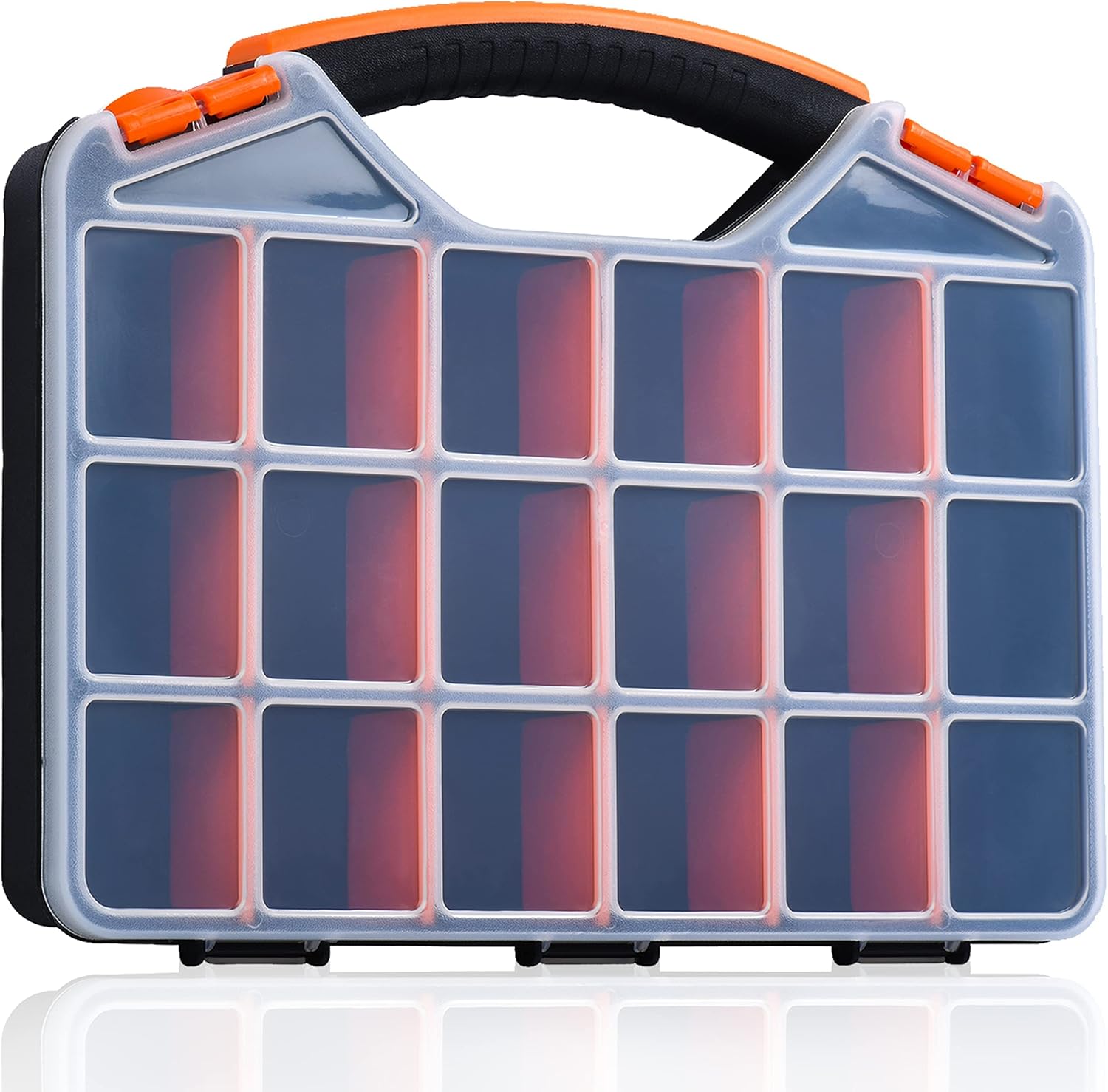 Andalus Tools Organizer Box, Small Parts Storage 18-Compartment Portable Hardware Organizer Removable Plastic Dividers for Screws, Nuts, Bolts, Nails – Orange (1 Pack, 12.75" x 10" x 1.75")
