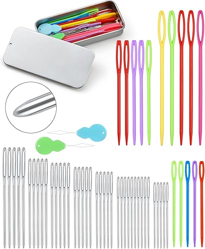 Miniatura 1 de FIVEIZERO - 55 agujas romas de ojo grande, 8 tamaños de agujas de tejer de hilo de acero inoxidable y 3 tamaños, agujas de coser de plástico, agujas