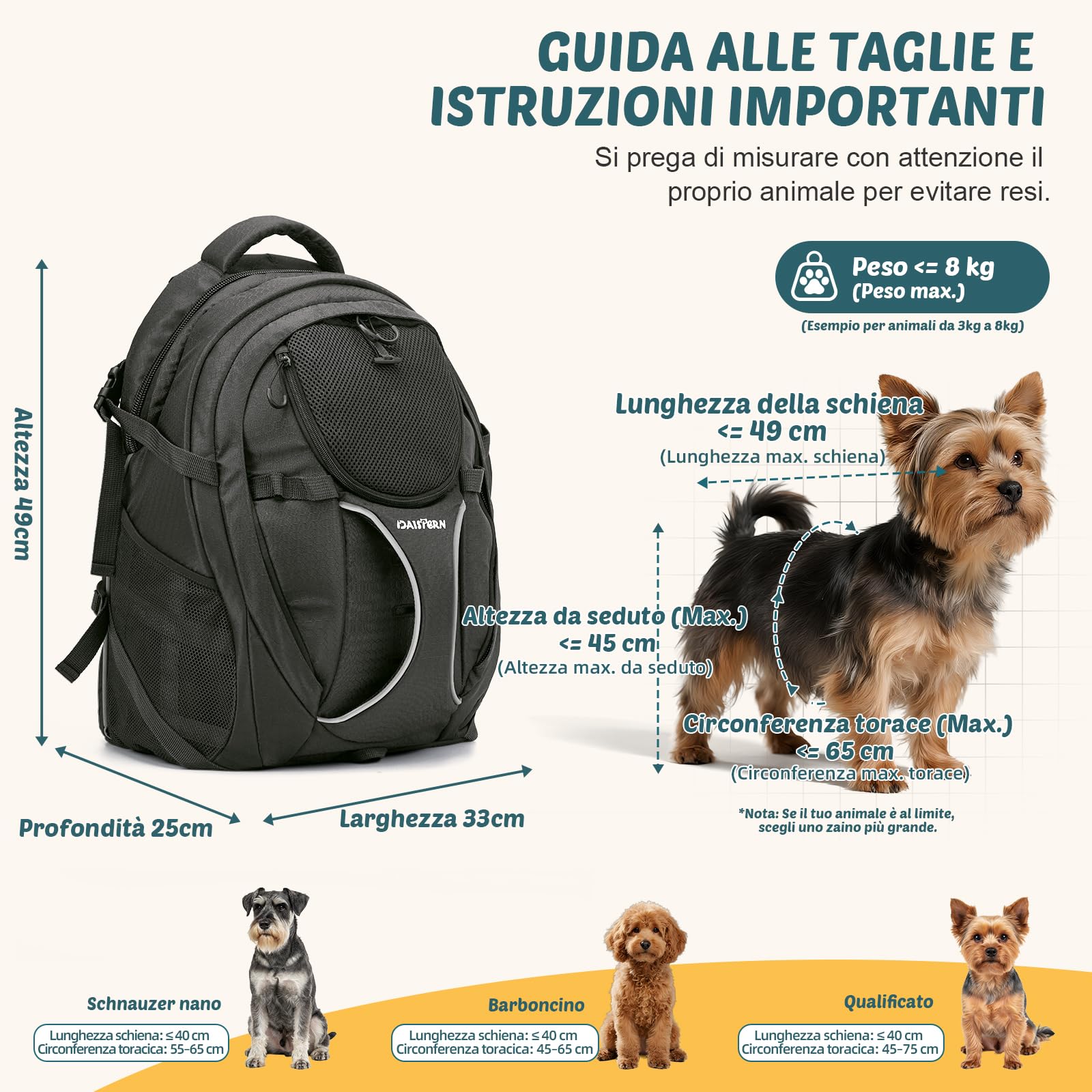 Zaino Trekking per Cani e Gatti fino a 8KG Nero | Dog Backpack con Tasca PC, Nylon 600D Rinforzato, Ventilato, Cuscino Comodo Rimovibile per Montagna Gita Viaggi Passeggiate