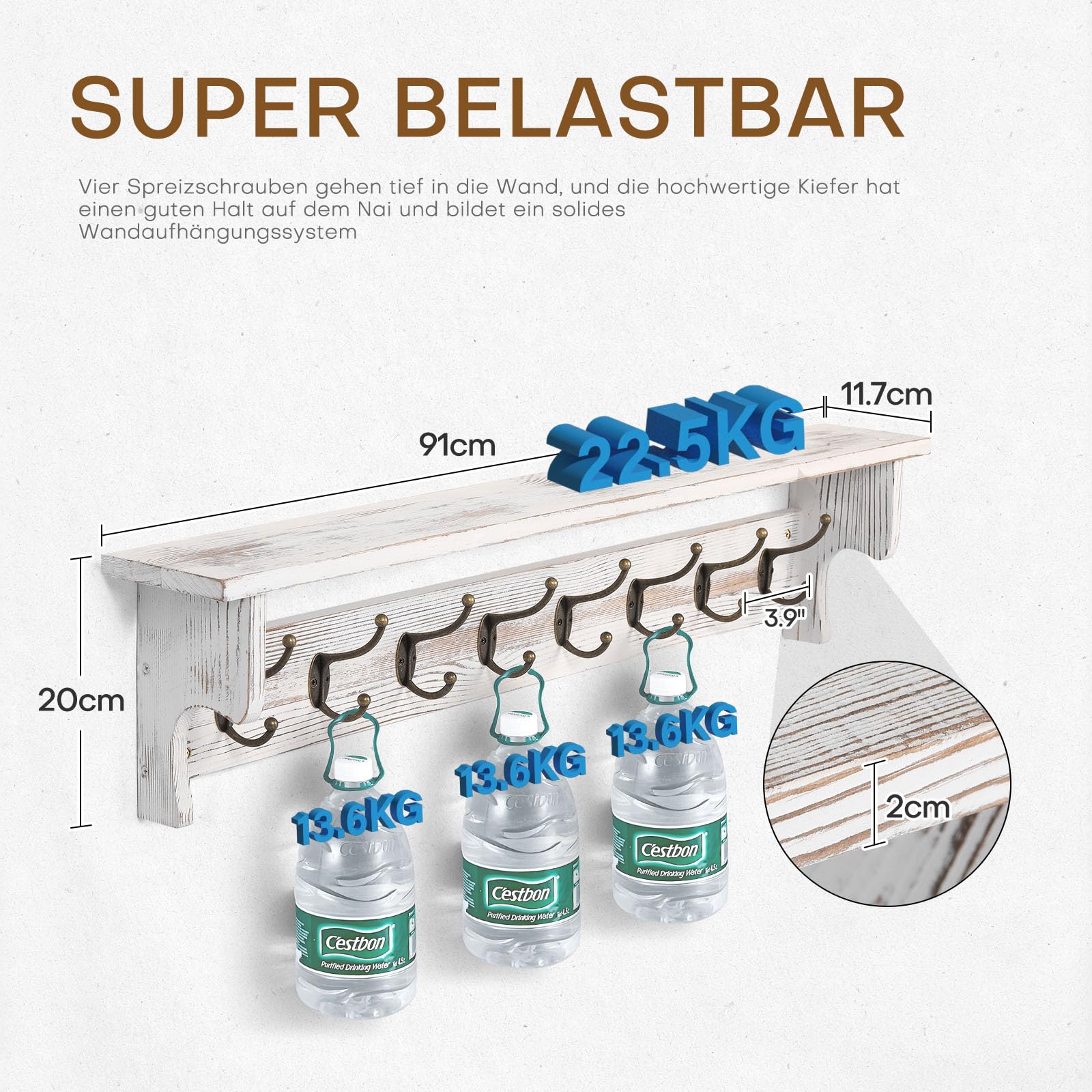 Bekrvio Perchero de pared con estante, estantería de entrada de madera rústica con 8 ganchos para ropa, estilo rústico, colgador de pared flotante (90 cm de largo)