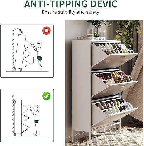 Miniatura 3 de Armario de almacenamiento de zapatos con 3 cajones abatibles, organizador de zapatos independiente con marco de metal para entrada, pasillo,