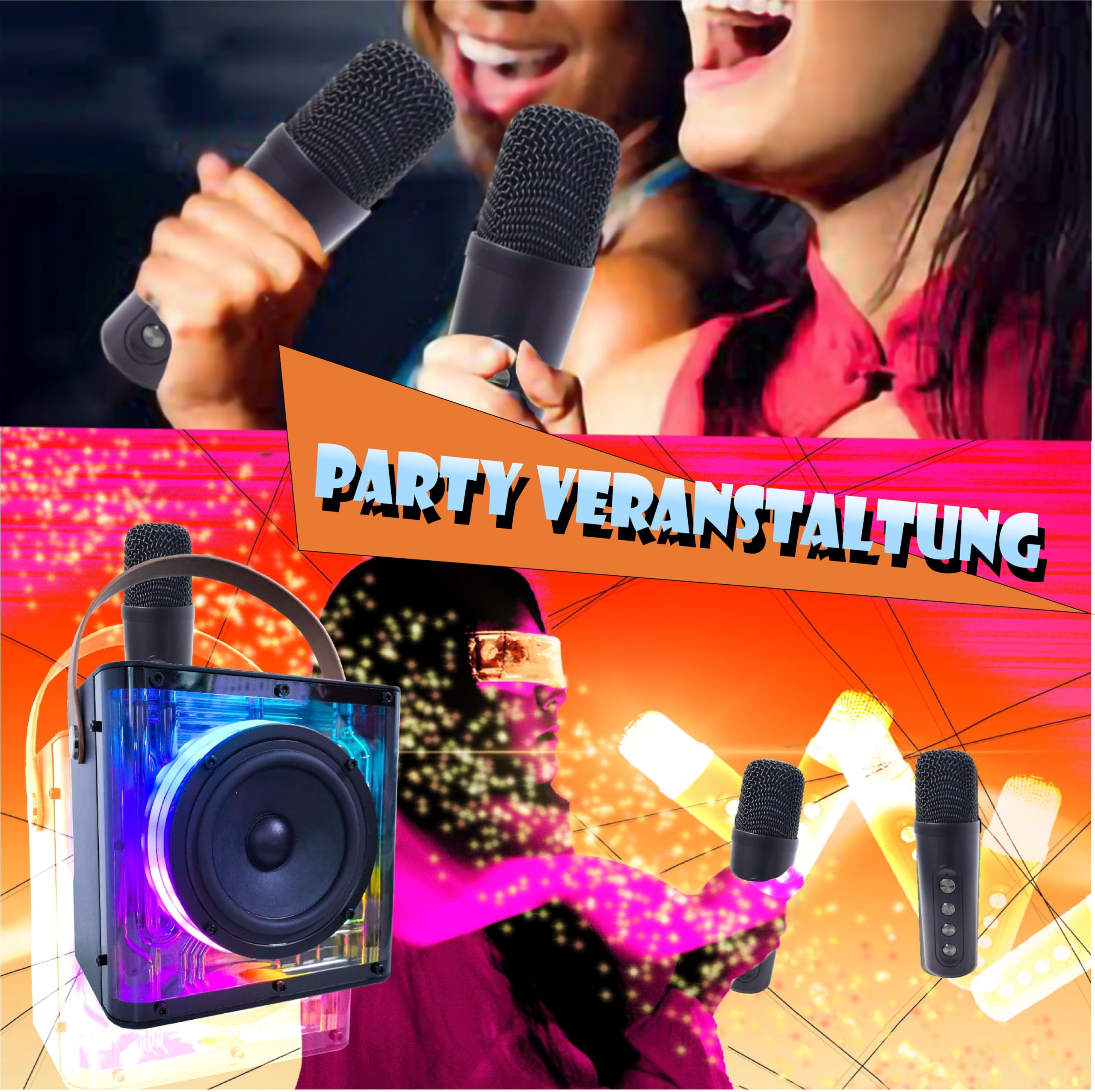 Karaoke Maschine Tragbar, 2 Kabellose Mikrofone, Bluetooth 5.0 Lautsprecher 20W, LED Lichter, für Erwachsene Kinder, Innen & Außenbereich