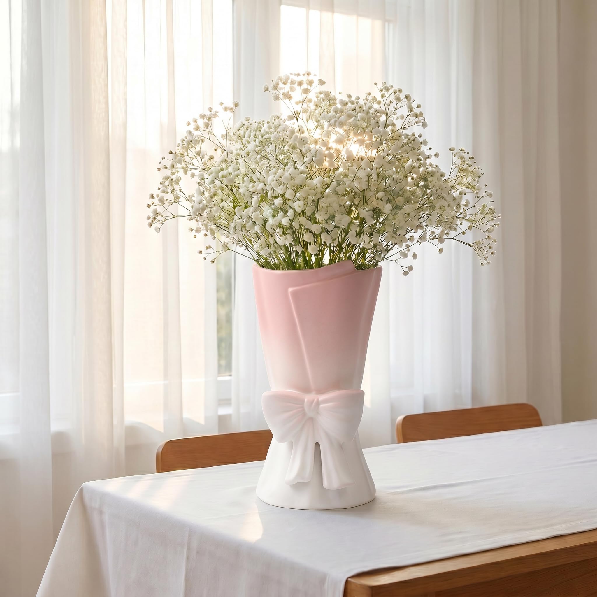 Relexome Różowo-biały ceramiczny wazon z kokardą 24,5 cm unikalny uroczy nowoczesny dekoracyjny bukiet wazony na kwiaty do domu salonu dekoracja stołu kobiety dziewczyny prezenty