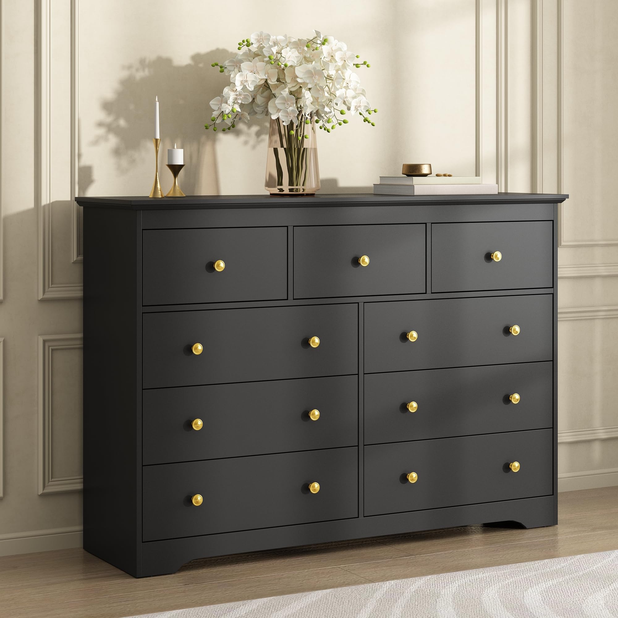 BAZELOR Black Dresser for Bedroom, 9 Drawer Dresser with Large Drawers, 55 Inch Wide Wood Chest for Living Room, Hallway