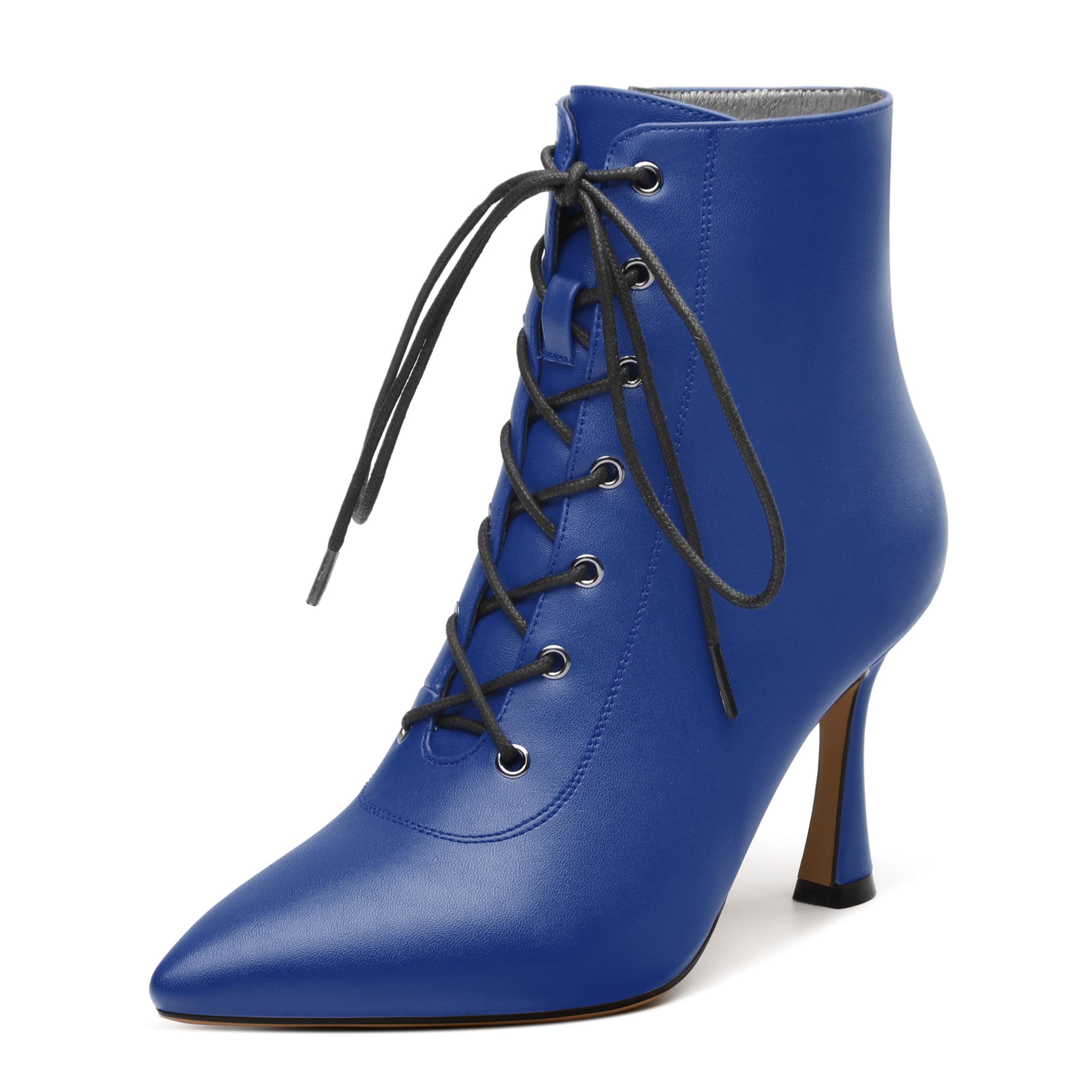 GUAVAIVY Womens Boots, Lace Up Pointed Closed Toe Stiletto Heel Ankle Boots, Side Zipper Fashion Solid Matte Short Booties for Women