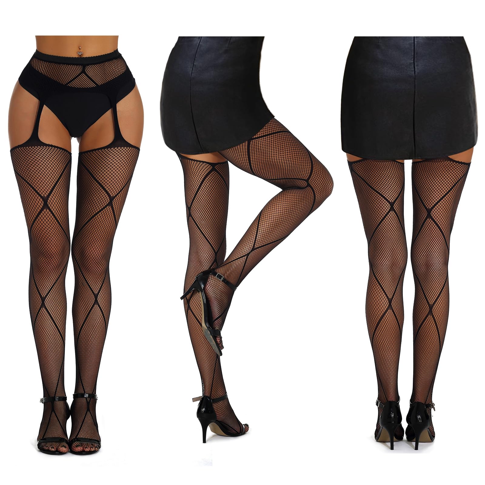 SOUTHRO 5 Pairs Fishnet Thigh High Garter Stockings Patterned Tights for Women,Garter Belt Set & Suspender Pantyhose for Girl: One Size D-5pcs
