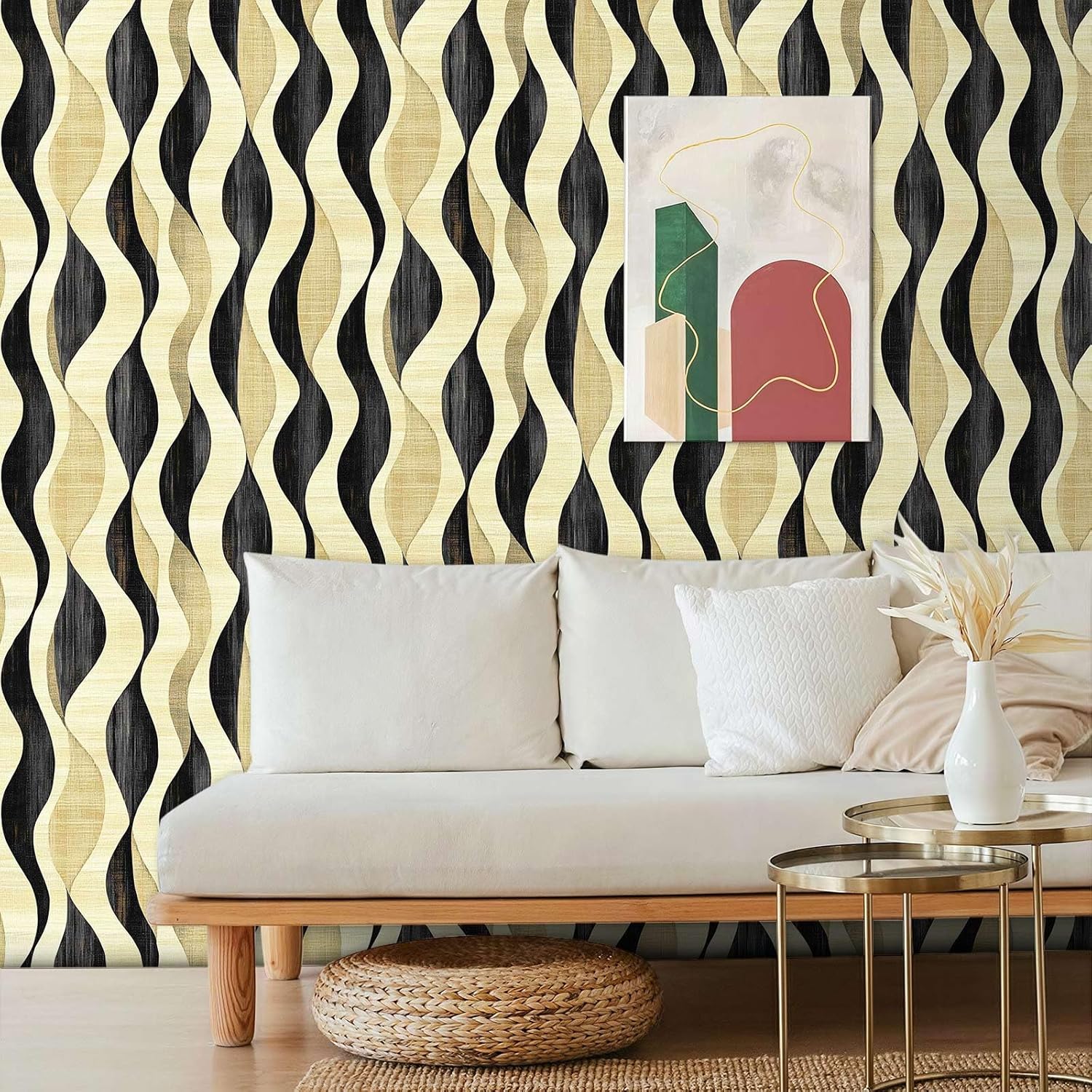 Modern Wavy Stripe Peel and Stick Wallpaper – Black and Gold Geometric Textured Wallpaper for Home Décor | Self Adhesive Vinyl, 17.7in x 236in 17.7" x 236" qz-P009