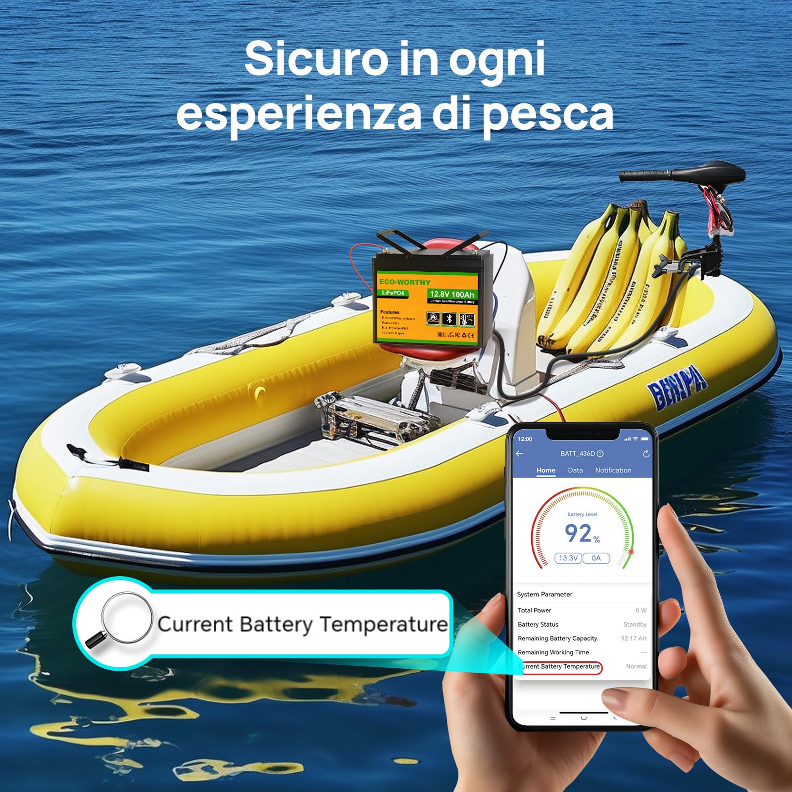 ECO-WORTHY LiFePO4 100 Ah Bluetooth, Batteria al Litio 12 V 100 Ah con Protezione BMS a Bassa Temperatura e max. 15000 Cicli, Batteria da 1280 Wh per Camper, Pannello Solare, Barca