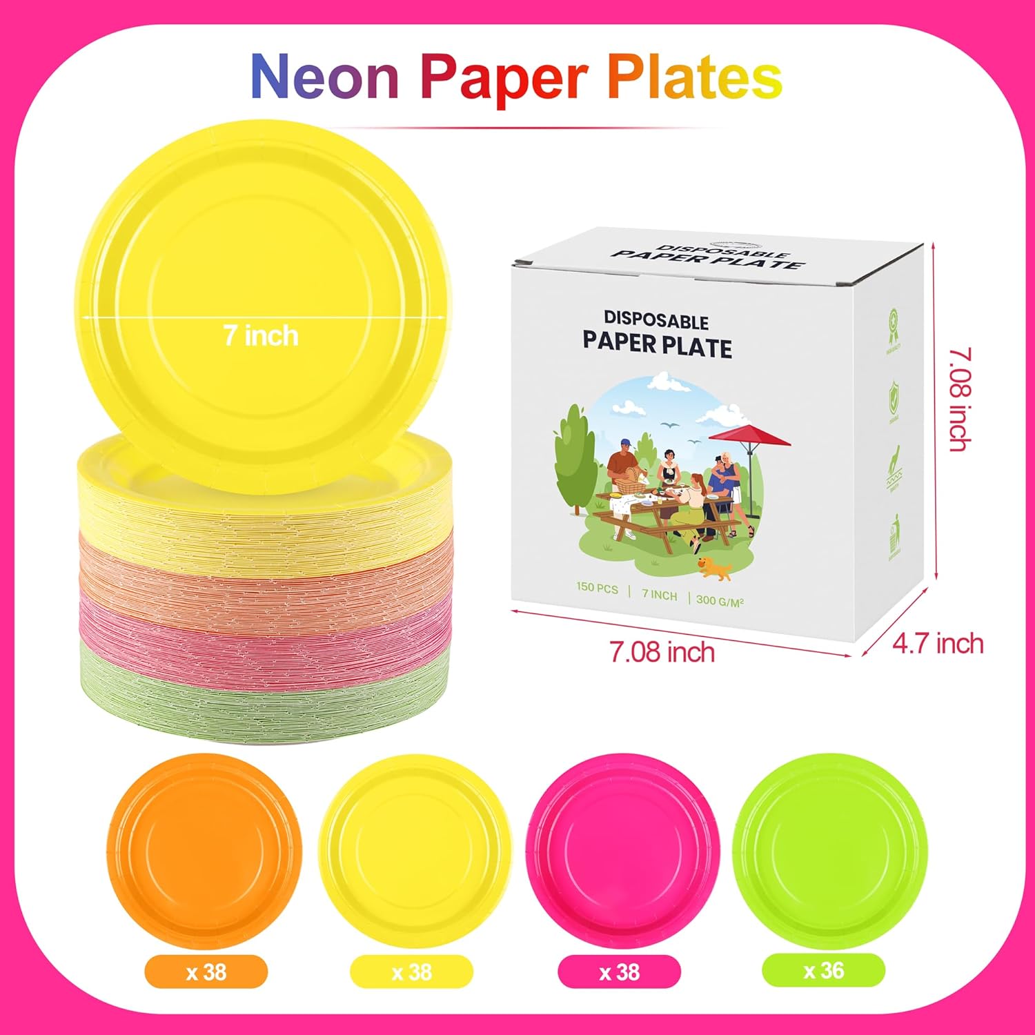 Kochorie 150 Pieces Neon Paper Plates 7 Inch Bulk Disposable Solid Color Dinner Plates Heavy Duty Round Dessert Supplies for Birthday Wedding Holiday Bridal Shower Party Supplies