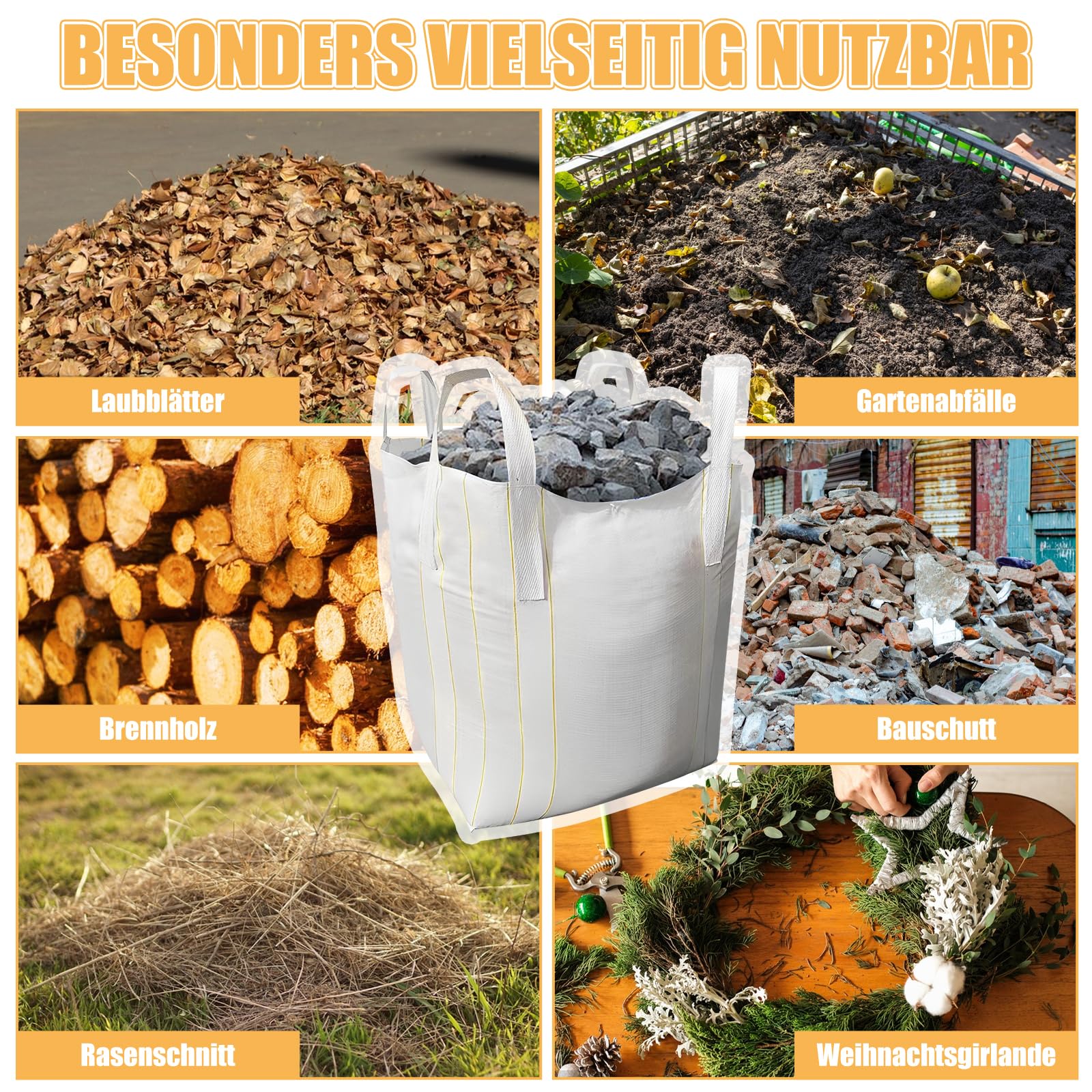 DAJAVE Big Bag - Lot de 2 sacs pour gravats de construction, bois, déchets de jardin, sable, déchets de construction, 1000 kg, avec 4 poignées de levage pour le transport