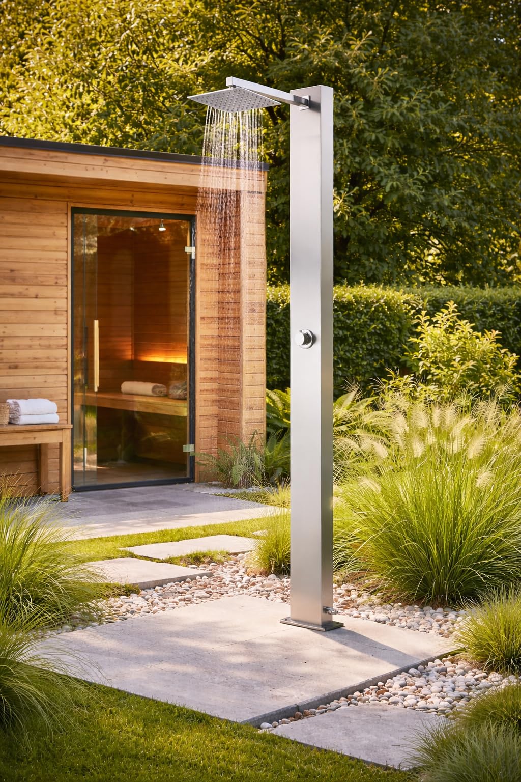 Gartendusche 210 cm Outdoor Dusche mit Regenduschkopf 20x20 cm Pooldusche mit Kaltwasseranschluss Edelstahl 304 gebürstet