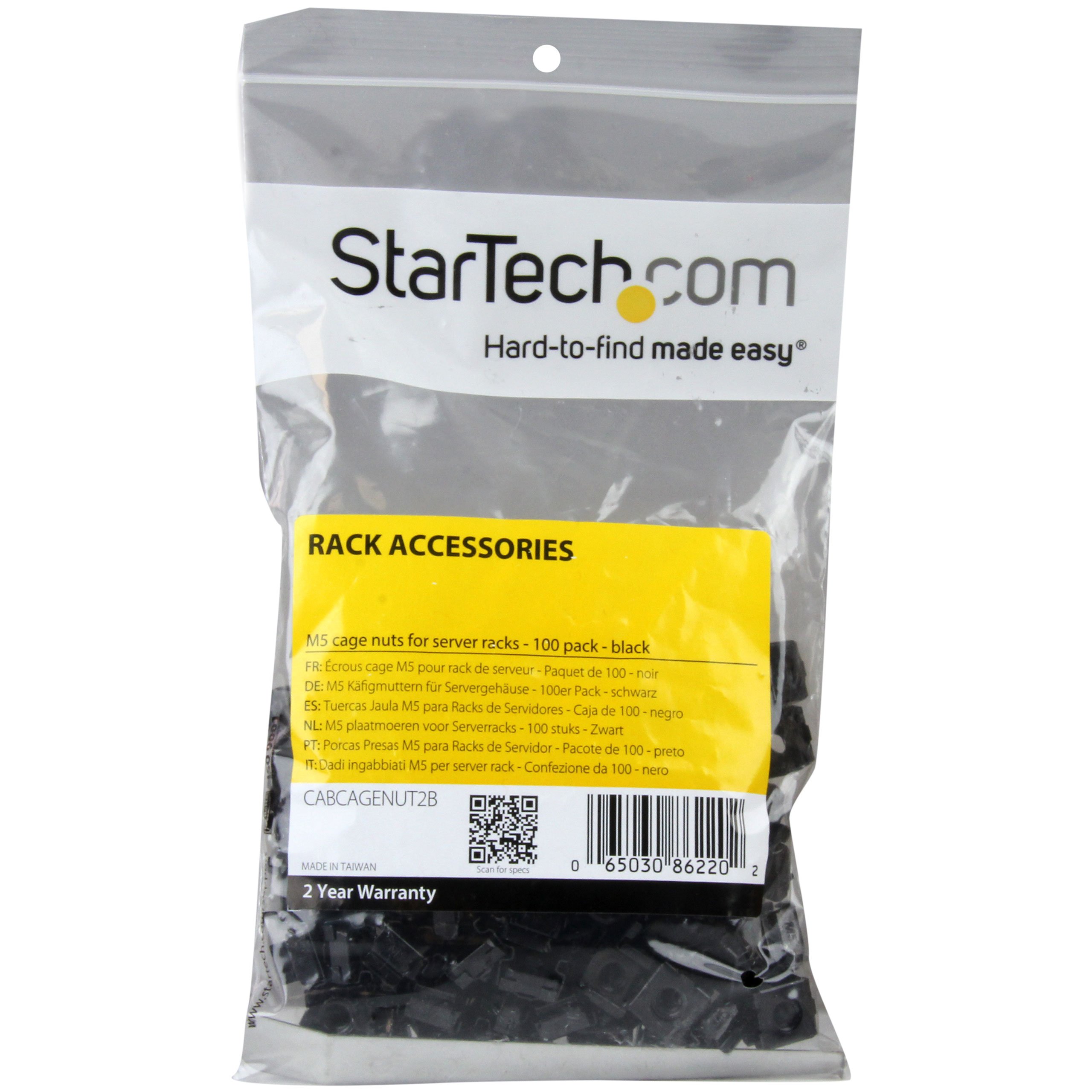 StarTech Paquete De 100 Tuercas Enjauladas M5 para Orificio Cuadrado Y Herramienta De Instalación para Racks De Servidor De 19" o 10", Armarios Y Racks - Negro - TAA
