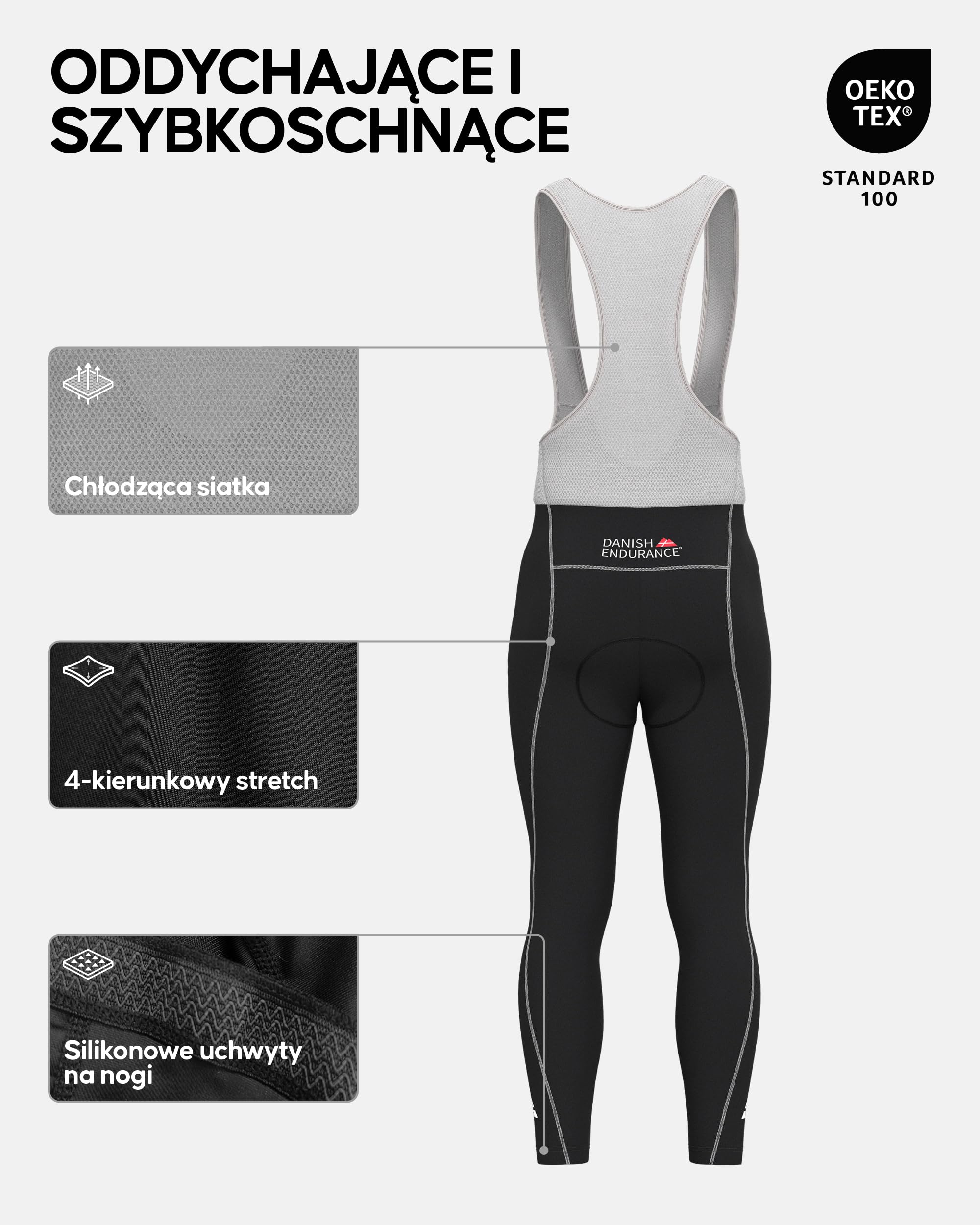 DANISH ENDURANCE Spodnie Rowerowe Męskie, na Szelkach, SpKolarskie, z Amortyzującą Wkładką 3D Chamois