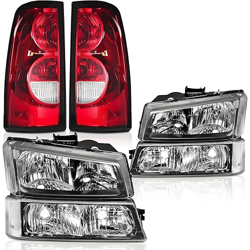 Headlights Tail Lights Assembly Kit for 2003-2006 Chevy Silverado 1500 2500/2007 Chevy Silverado Classic, Headlamp w/Rear Brake Lamp Taillight, Black Housing Clear Corner