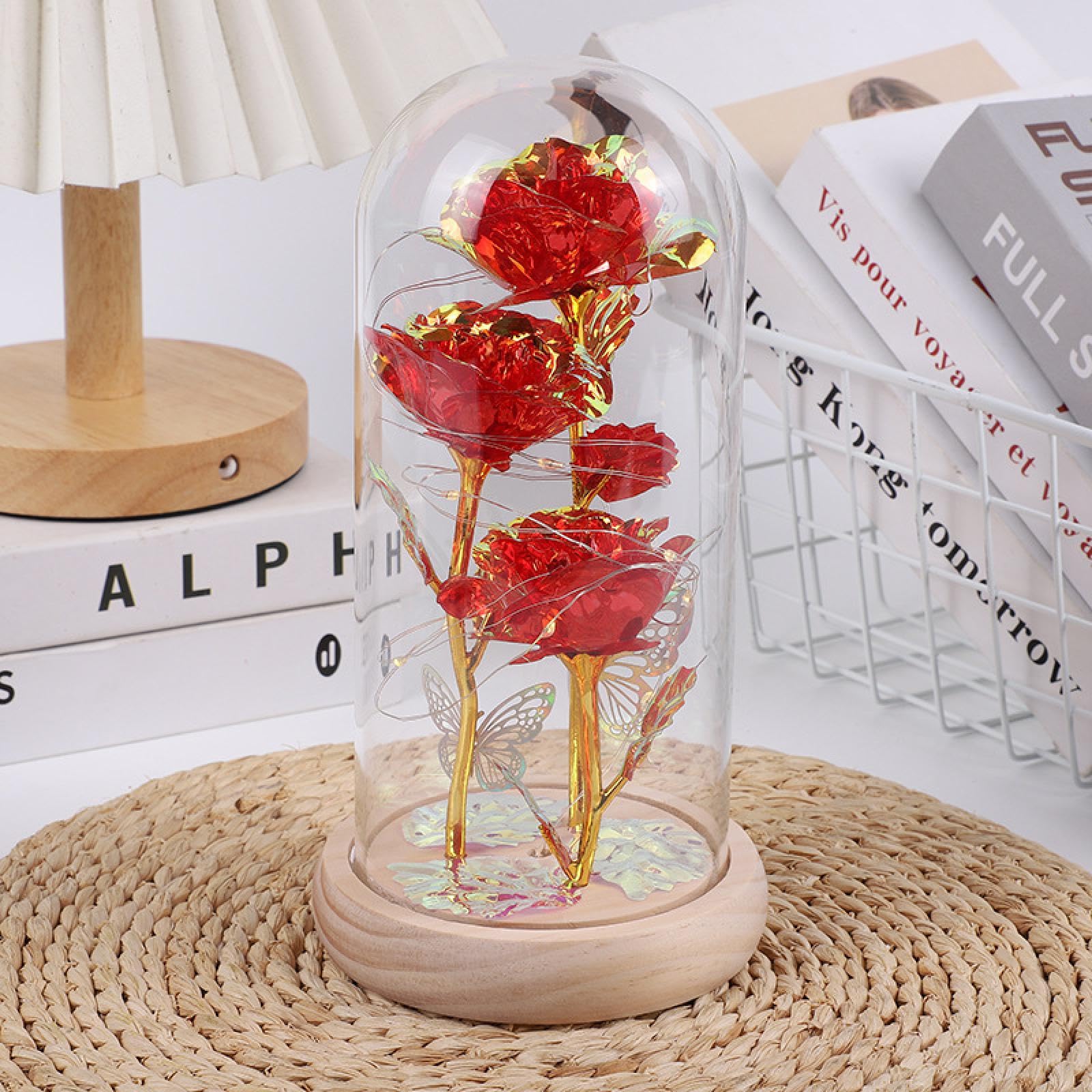 Fleurs éternelles en verre avec lumières LED pour décoration Saint-Valentin