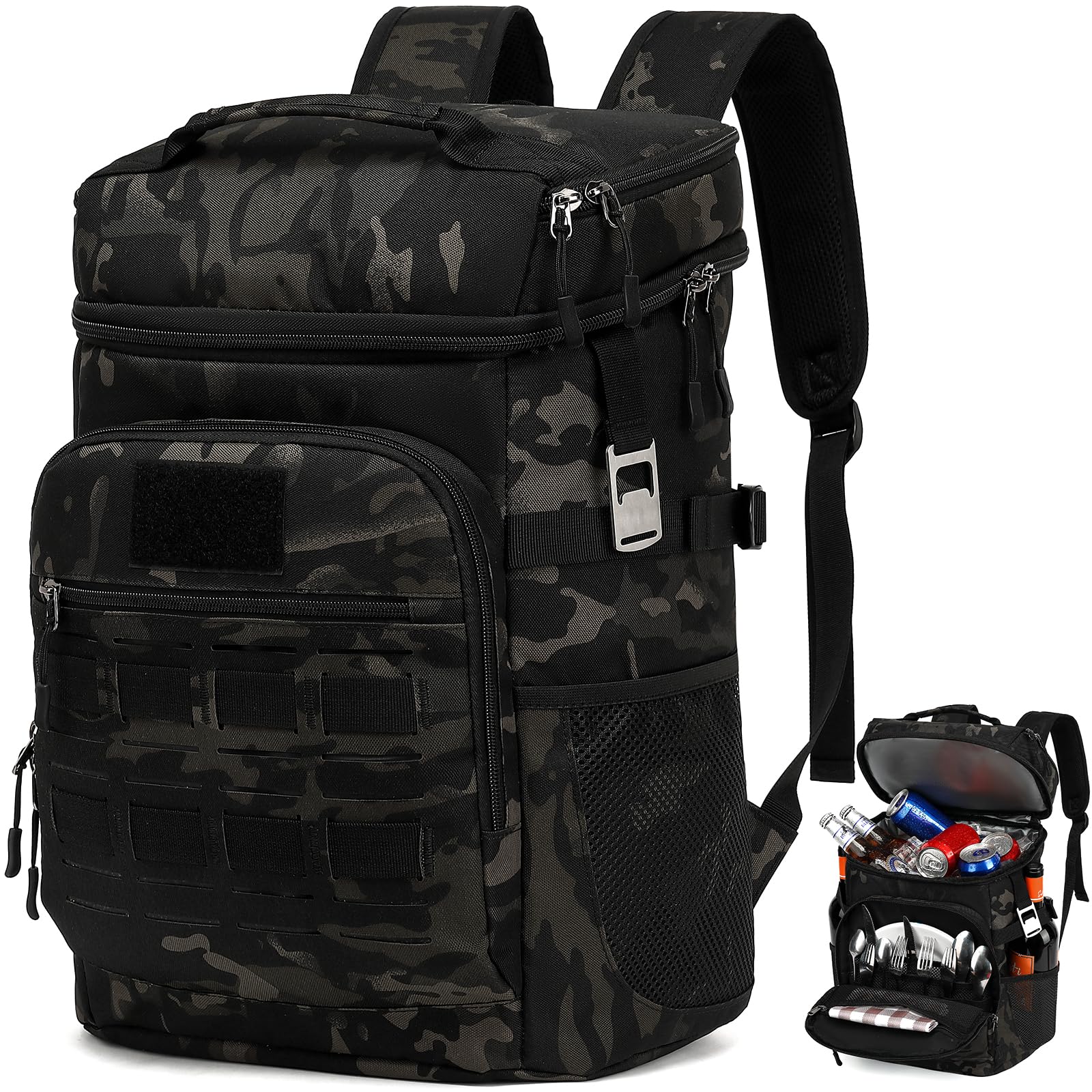 Kühlrucksack 25L Taktischer Kühltasche Rucksack Isolierte Auslaufsicher Kühl Thermo Rucksack mit Flaschenöffner Hält 40 Dosen Picknickrucksack für Camping, Strand, Mittagessen