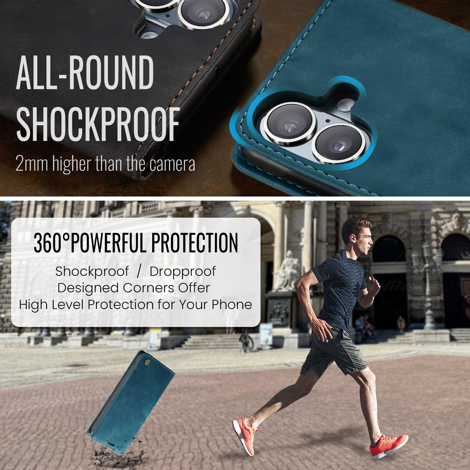 Azororo Cover per iPhone 16 Plus 5G, Premium PU Pelle Custodia, Magnetica Carta Fessura Portafoglio Case, Flip Cavalletto Custodia per iPhone 16 Plus - Blu verde