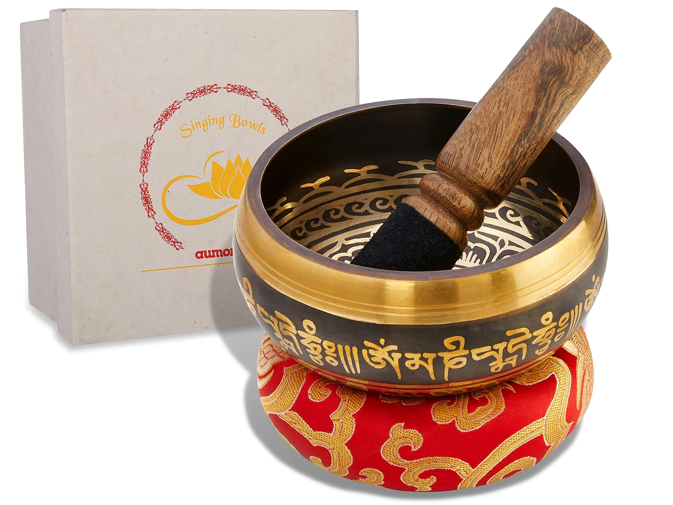 Tibetische Klangschale Set, mit Klöppel und Klangschalenkissen in Loktapapier Geschenk-Box. Singing Bowl aus Tibet (Mystic Black)