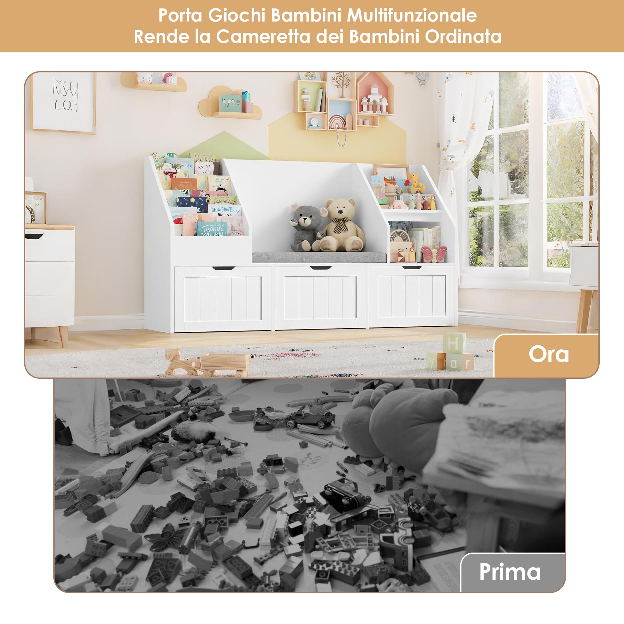 FOREHILL Libreria Montessoriana per Bambini, Porta Giochi Bambini con Cuscini, Libreria Panca a 4 Ripiani, Mobile Porta Giochi a 3 Cassetti con Ruote, per Cameretta, Studio, 140x39.5x80 cm (Bianco)