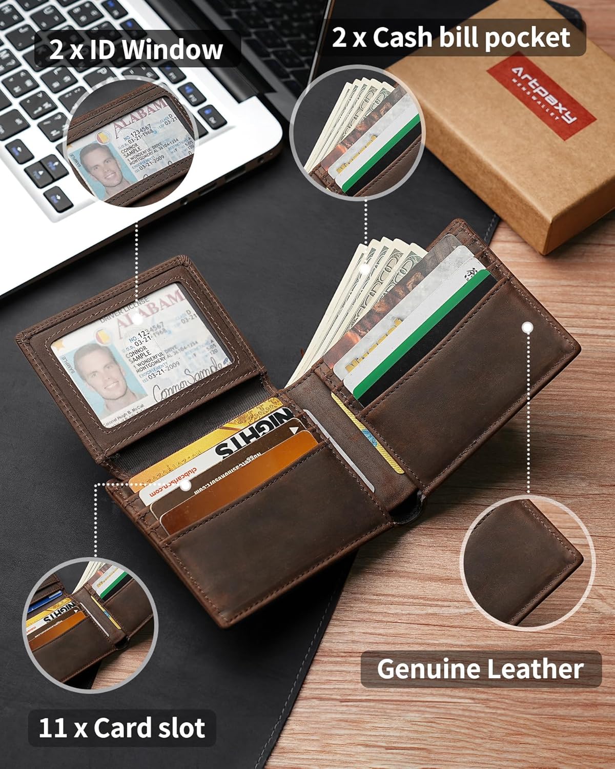 Mens Wallet Bifold Genuine Leather RFID Blocking Wallet for Men with 2 ID Windows 11 Card Holders 2 cash pockets 1 Gift Box - Image 5