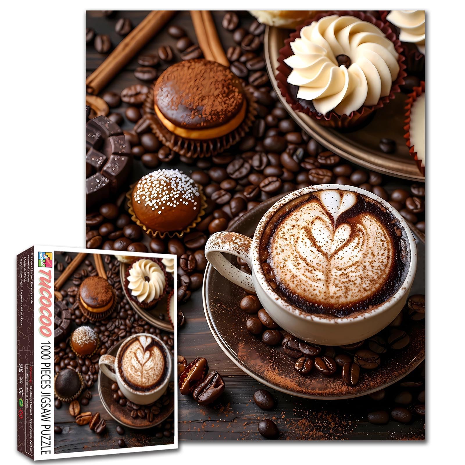Tucocoo Coffee Cup Jigsaw Puzzles for Adults 1000 Pieces, Coffee Beans Pastry Gourmet Art Style Brown Painting 27x20 inch DIY Puzzles for Home