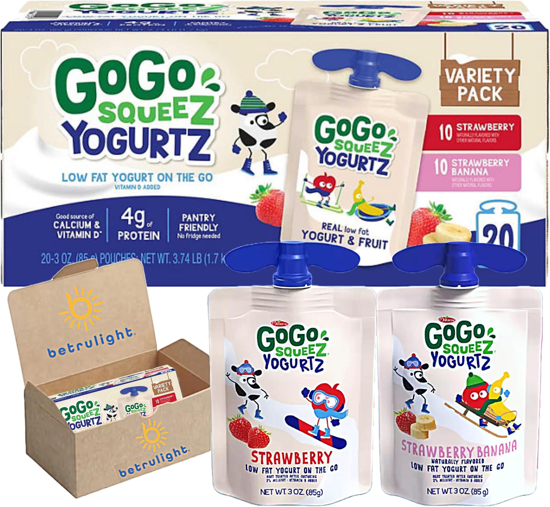 GoGo Squeeze Yogurt, Strawberry banana, Raspberry or Blueberry (3 oz Pounches 20 Pack) Every Order is Elegantly Packaged in a Signature BETRULIGHT Branded Box (Strawberry Banana)