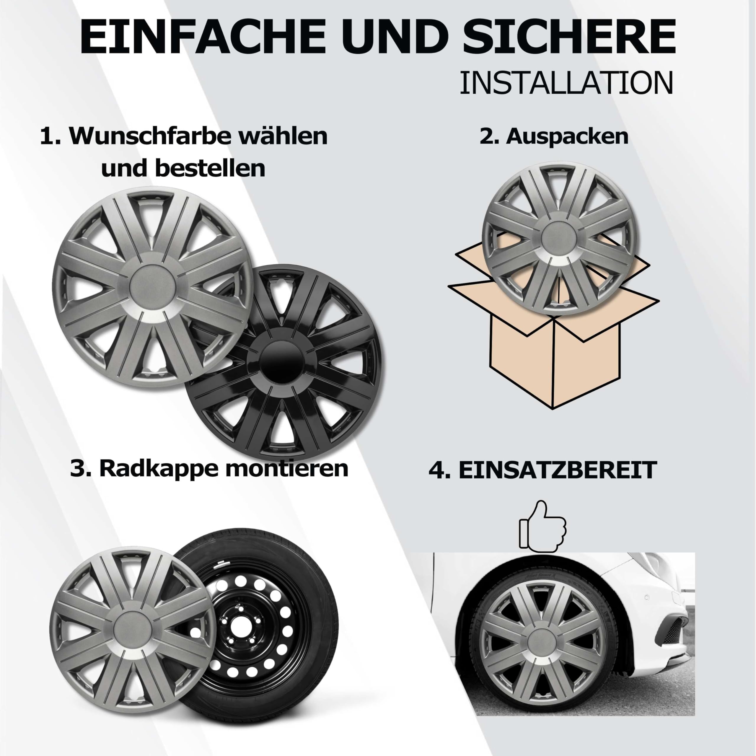 Kuglo Cosimo Radkappen 16 Zoll Silber, 4er-Set für Stahlfelgen | Schlagfester, witterungsbeständiger Kunststoff mit Metallspannring und werkzeugloser Clip-Montage