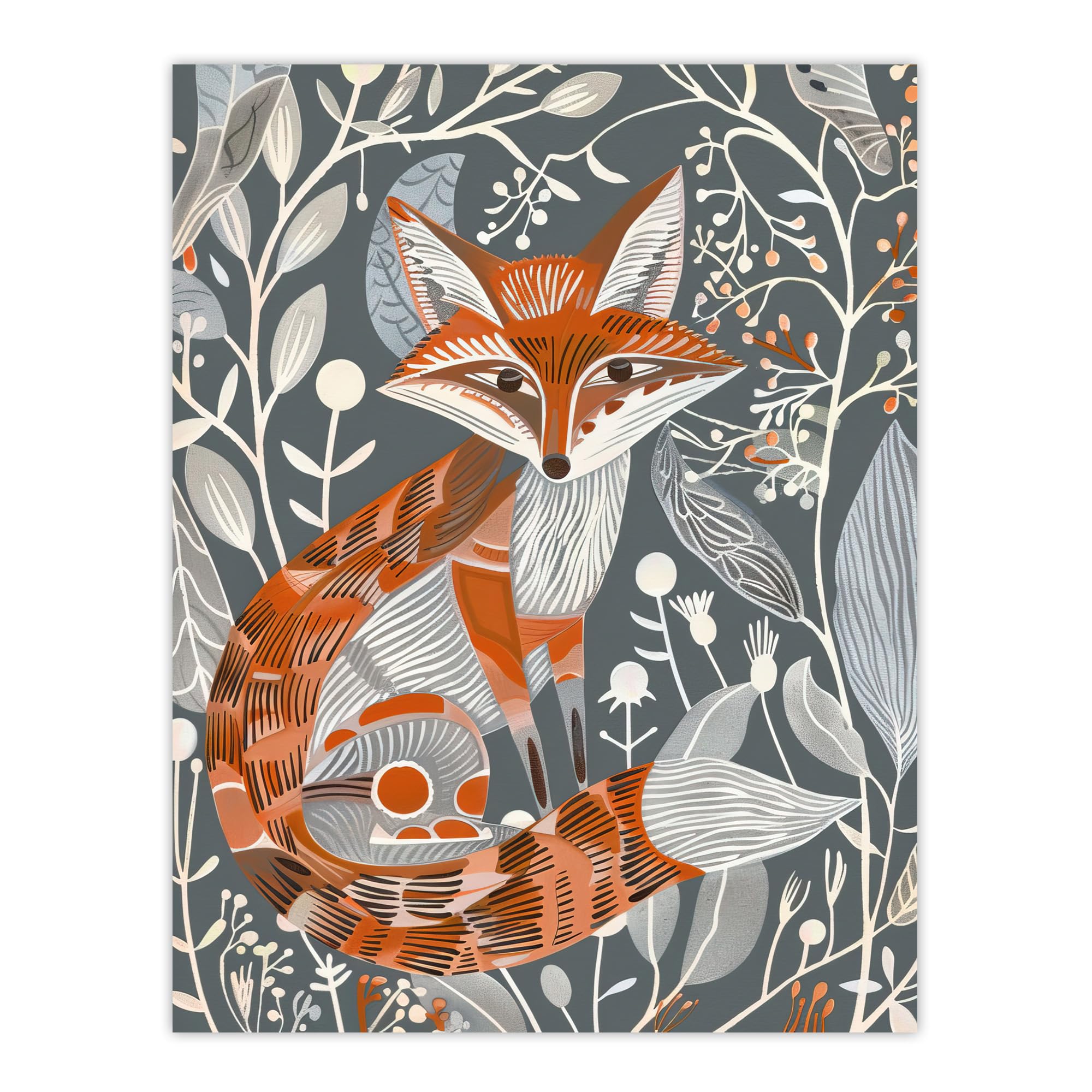 Artery8 Woodland Fox Folk Art Grey Rustic Wildflowers Living Room Large Wall Art Poster Print Thick Paper 18X24 Inch
