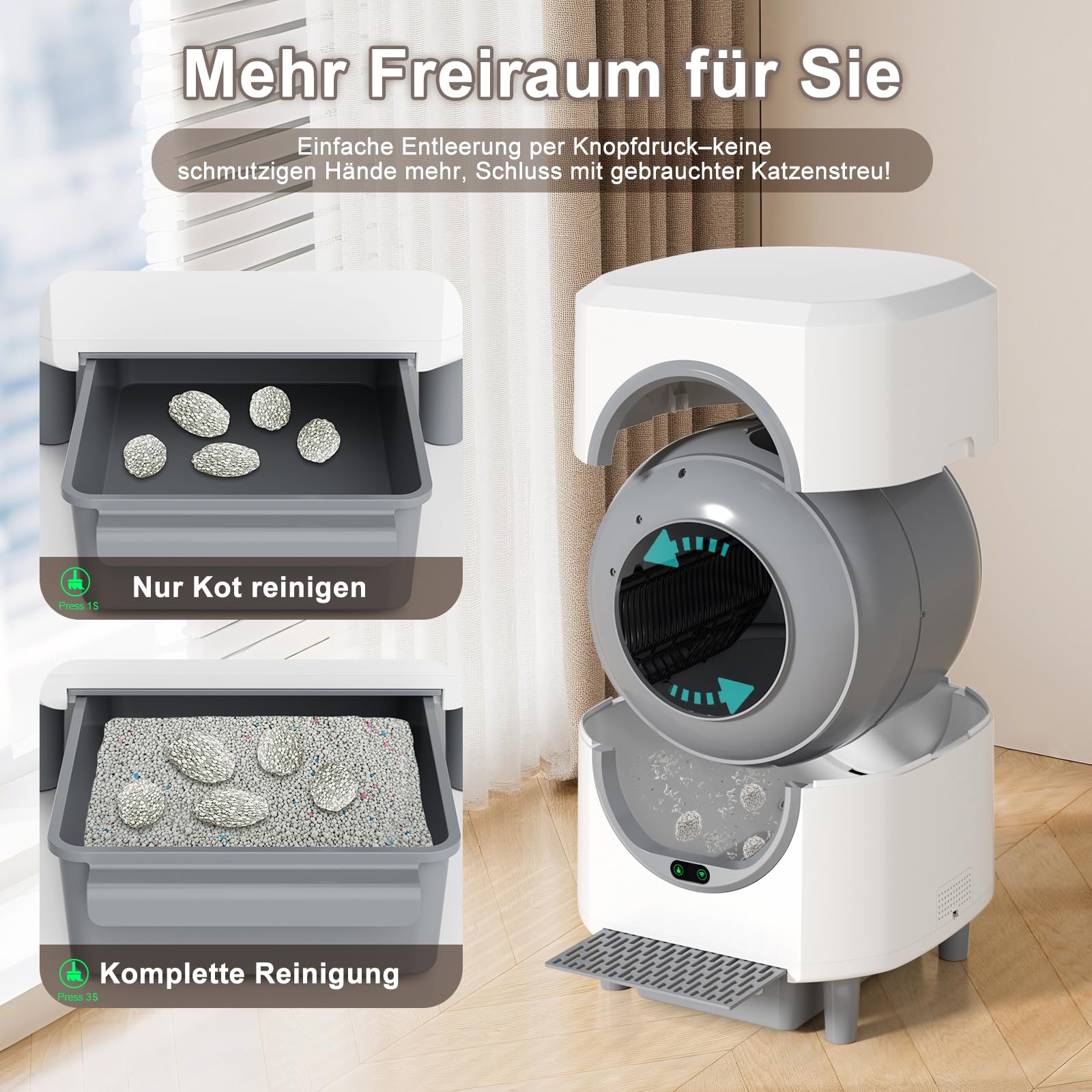 Selbstreinigende Katzentoilette 90L Großraum, Ellenpent Katzenklo Selbstreinigend mIt Geruchskontrolle, APP Steuerung und 10 Sensorsicherheit, Automatisches Katzenklofür mehrere Katzen, Weiß