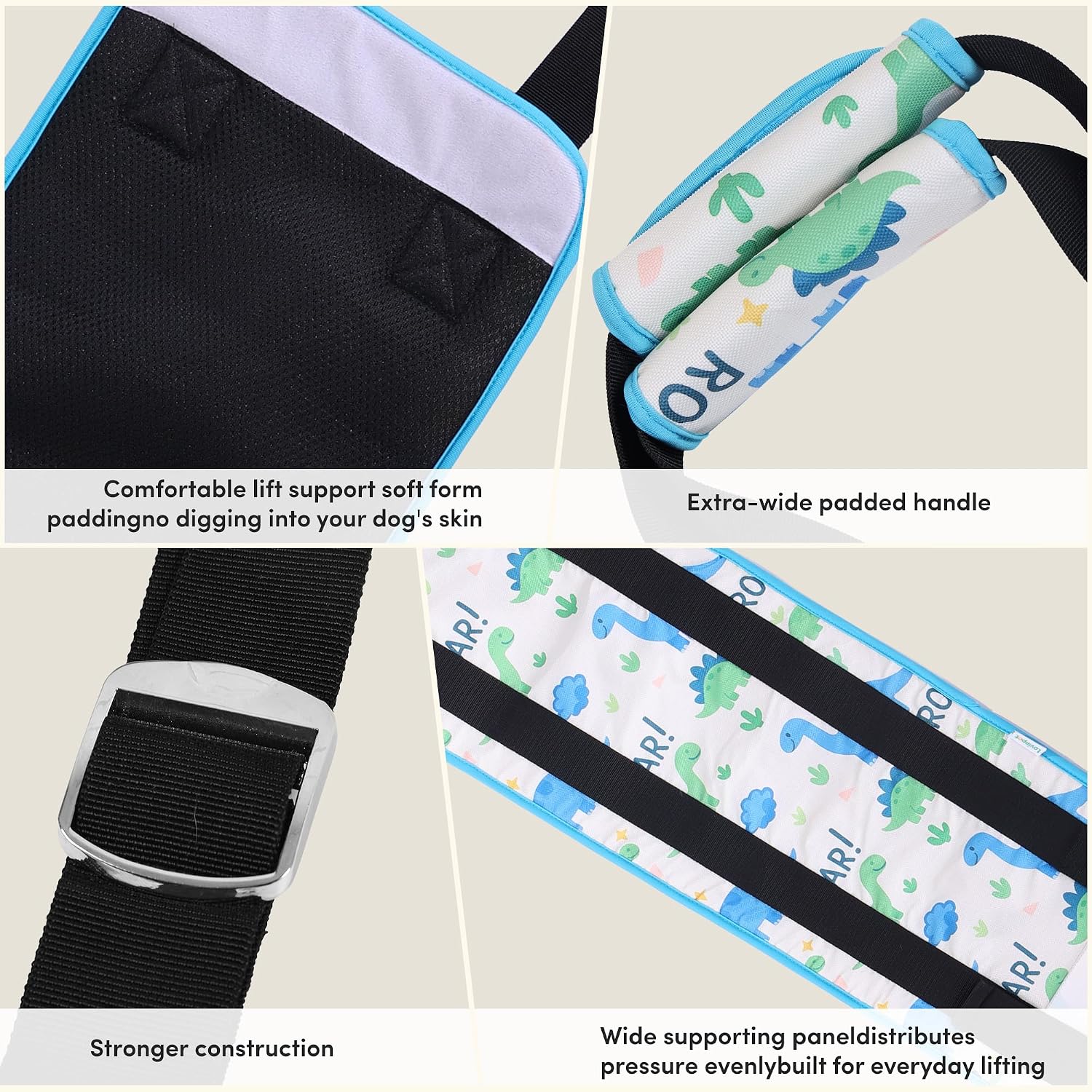 LovinPet Adjustable Dog Lift Harness for Medium & Large Breeds, 3-Layer Rear Support Sling with Padded Handles, Quiet Hook-and-Loop, Easy-On for Senior & Injured Pets – Dinosaur Print, White