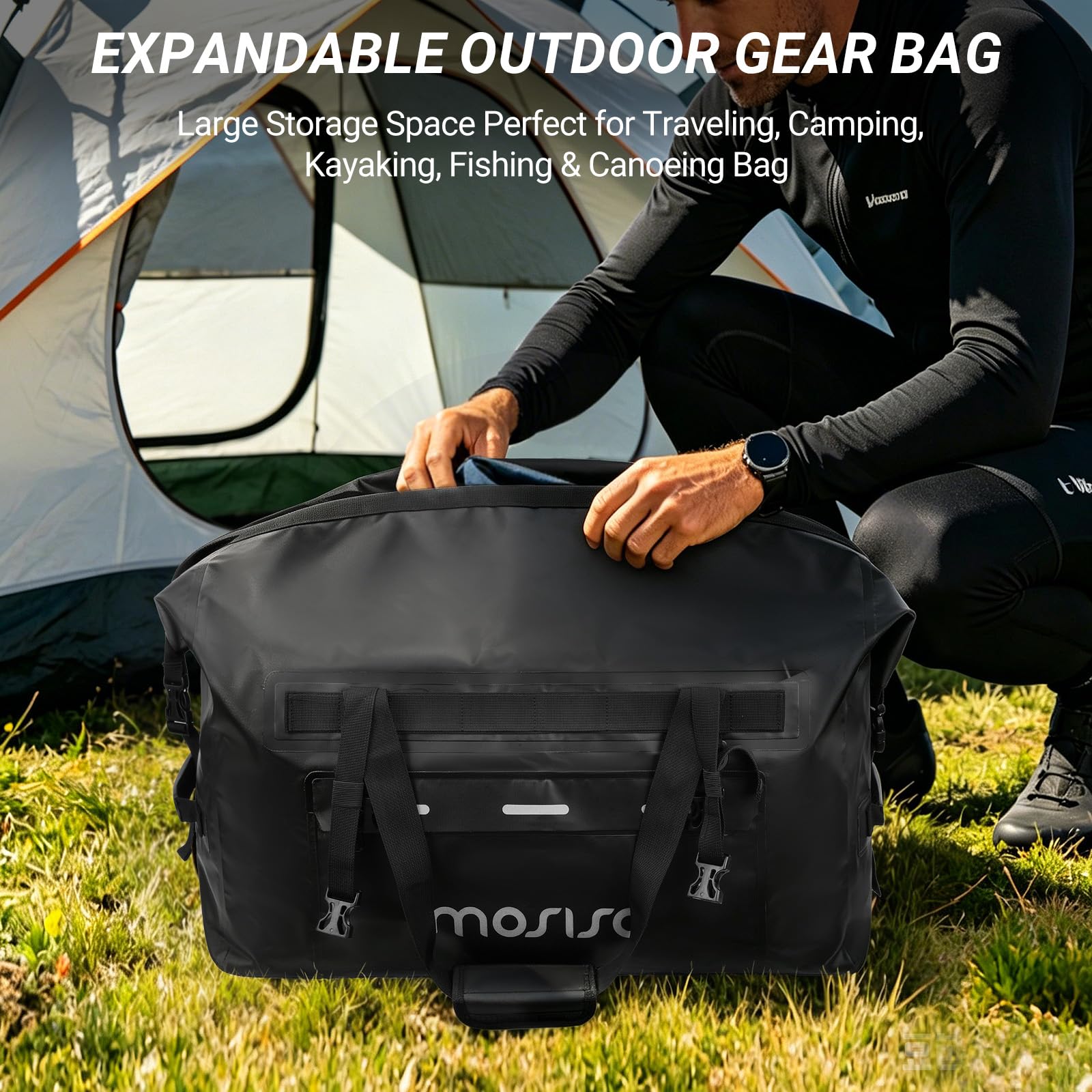 MOSISO Sac Moto Imperméable 60L, Grand Sac Coffre Arrière avec Bandoulières, Poches Zippées, 4 Sangles à Dégagement Rapide pour Moto Voyage Camping, Fermeture Enroulée, Noir