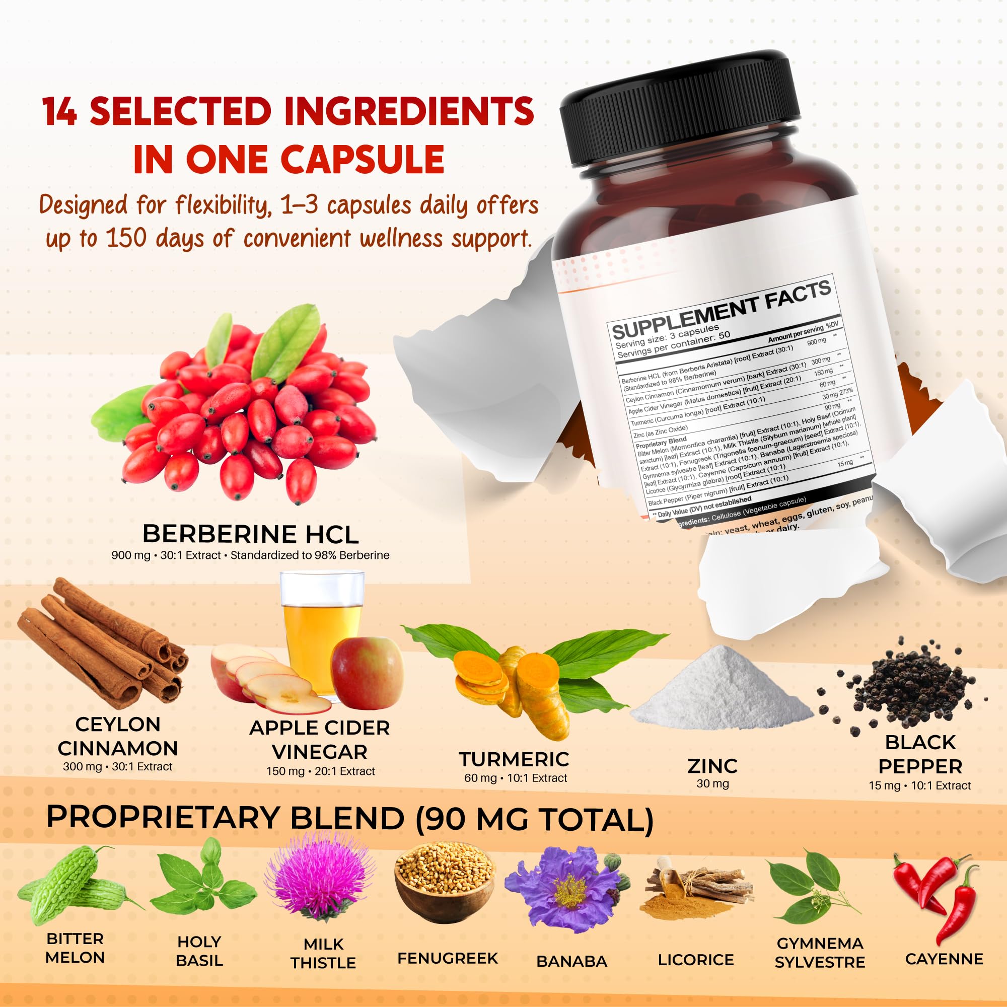 Berberine HCl 98% 1545mg with Ceylon Cinnamon for Gut & Digestion, 150 Caps — Amazon image 2