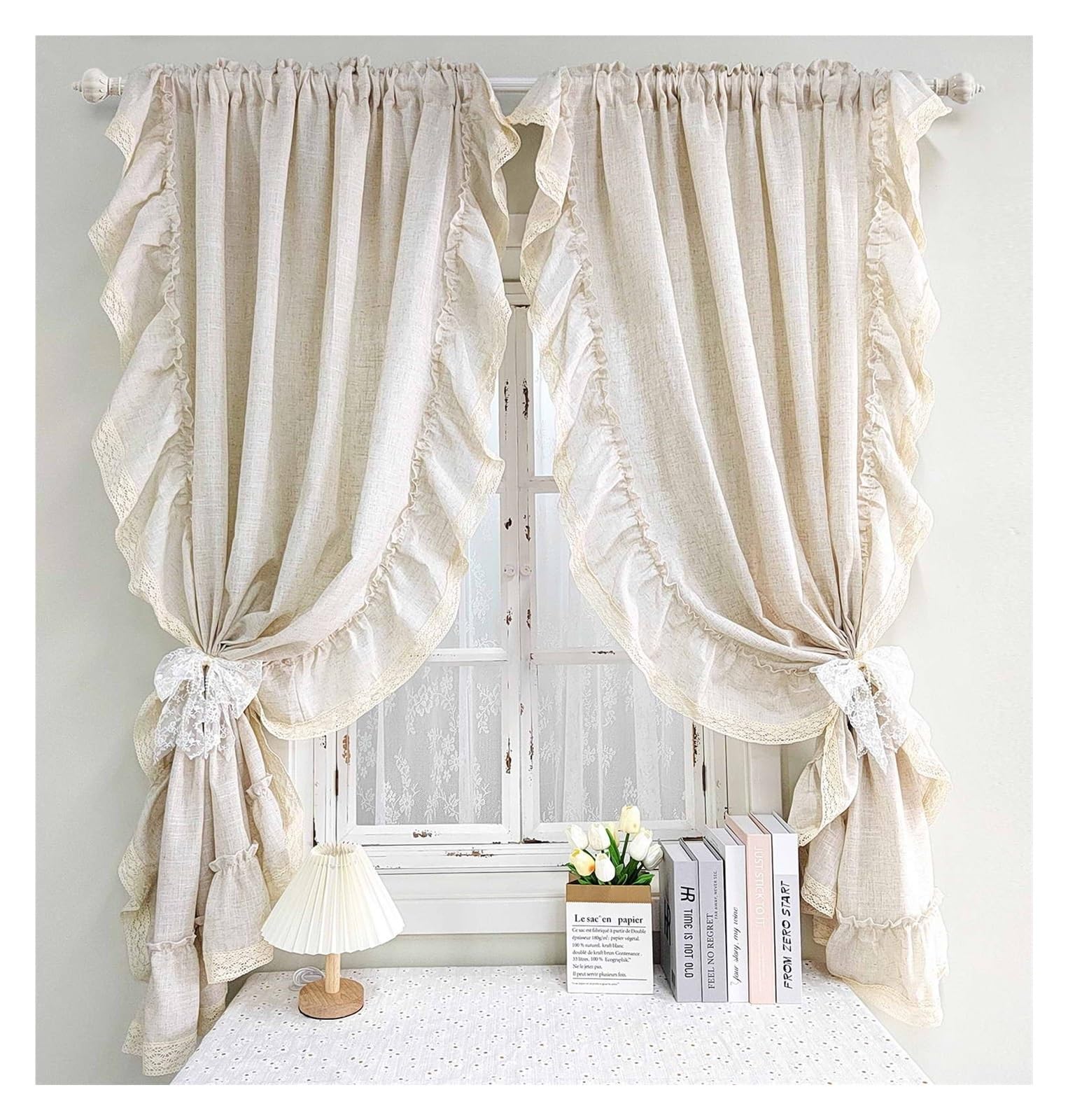 BGHYJKOL Ruffled Curtains Romantic Ruffled With Splicing Crochet Lace Gauze Curtains For Bedroom, Retro Home Kitchen Window Screen Drapes Decor(1pc W132CM X H160CM)