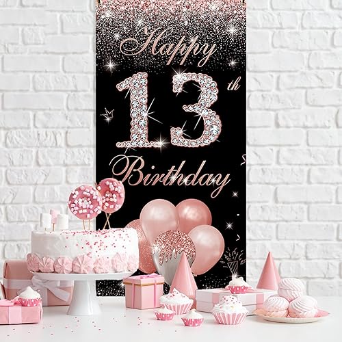 Miniatura 4 de Cartel de telón de fondo para puerta de cumpleaños número 13, color oro rosa, decoración de feliz cumpleaños número 13 para niñas, cartel de tela