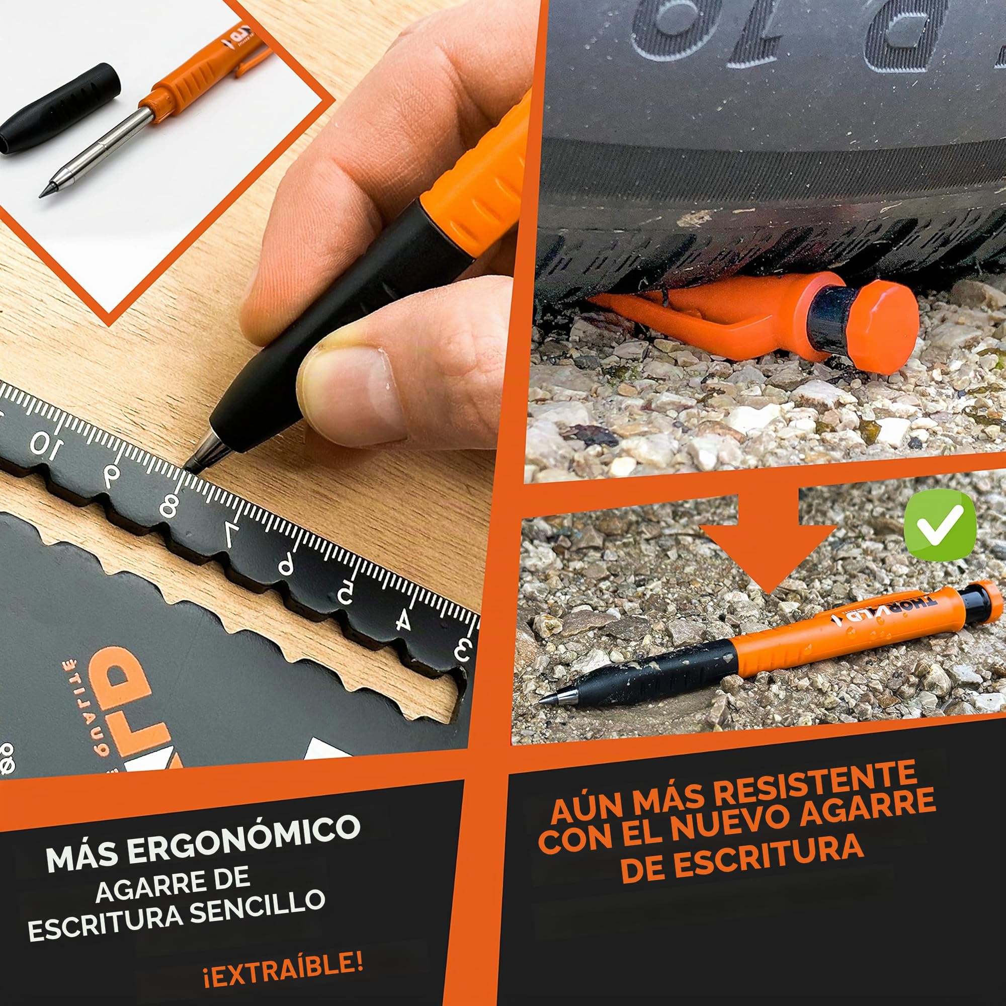 THORVALD 2 PRO Lápiz de construcción extensible [+ 38 MINE de soporte múltiple + Tamaño de mina + Agarre fácil de escribir] Portaminas para carpintero DIY Dibujo Trazado Madera aceitosa Metal Concret