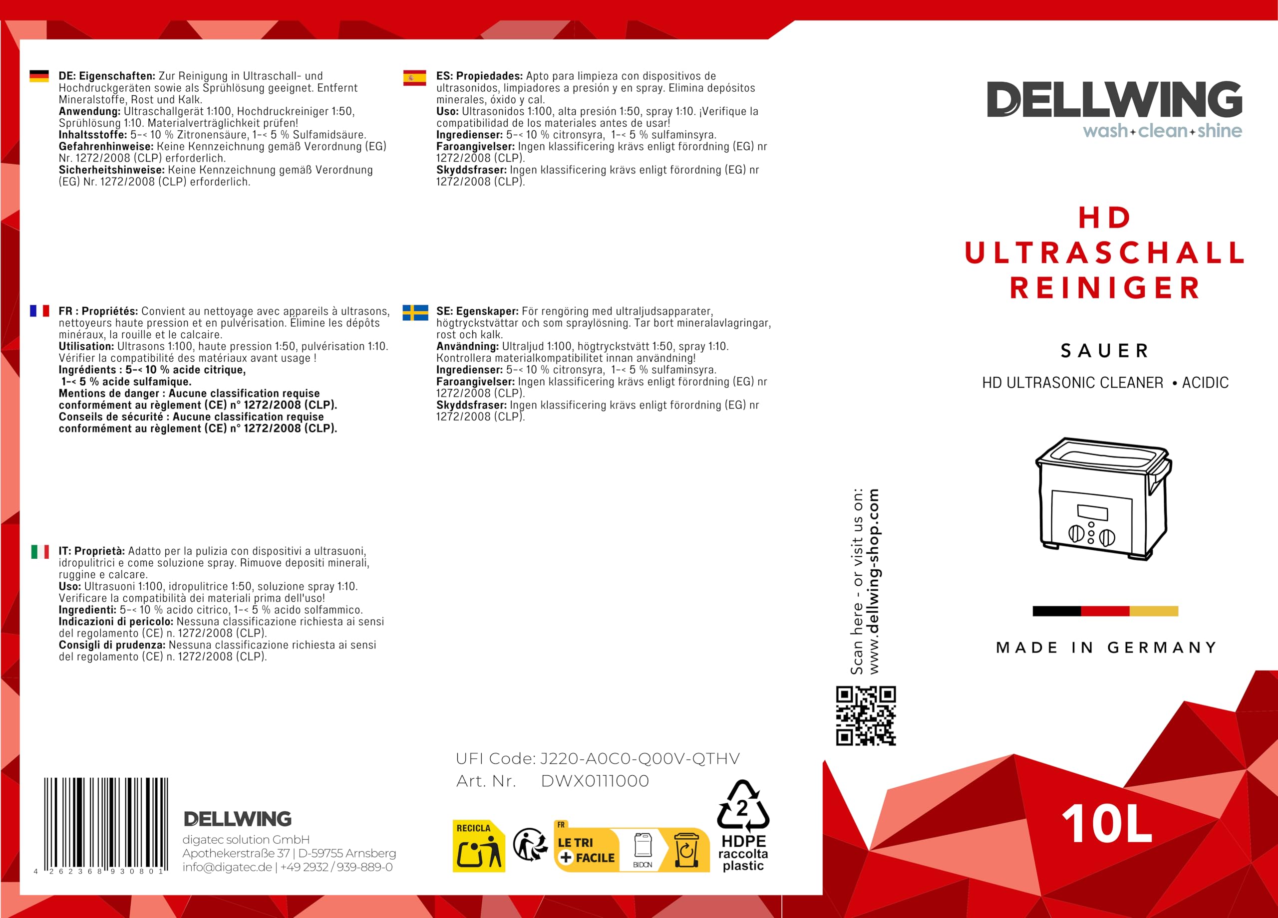 Dellwing HD Limpiador ultrasónico 10 l, concentrado ácido para aluminio y metales no ferrosos, fabricado en Alemania