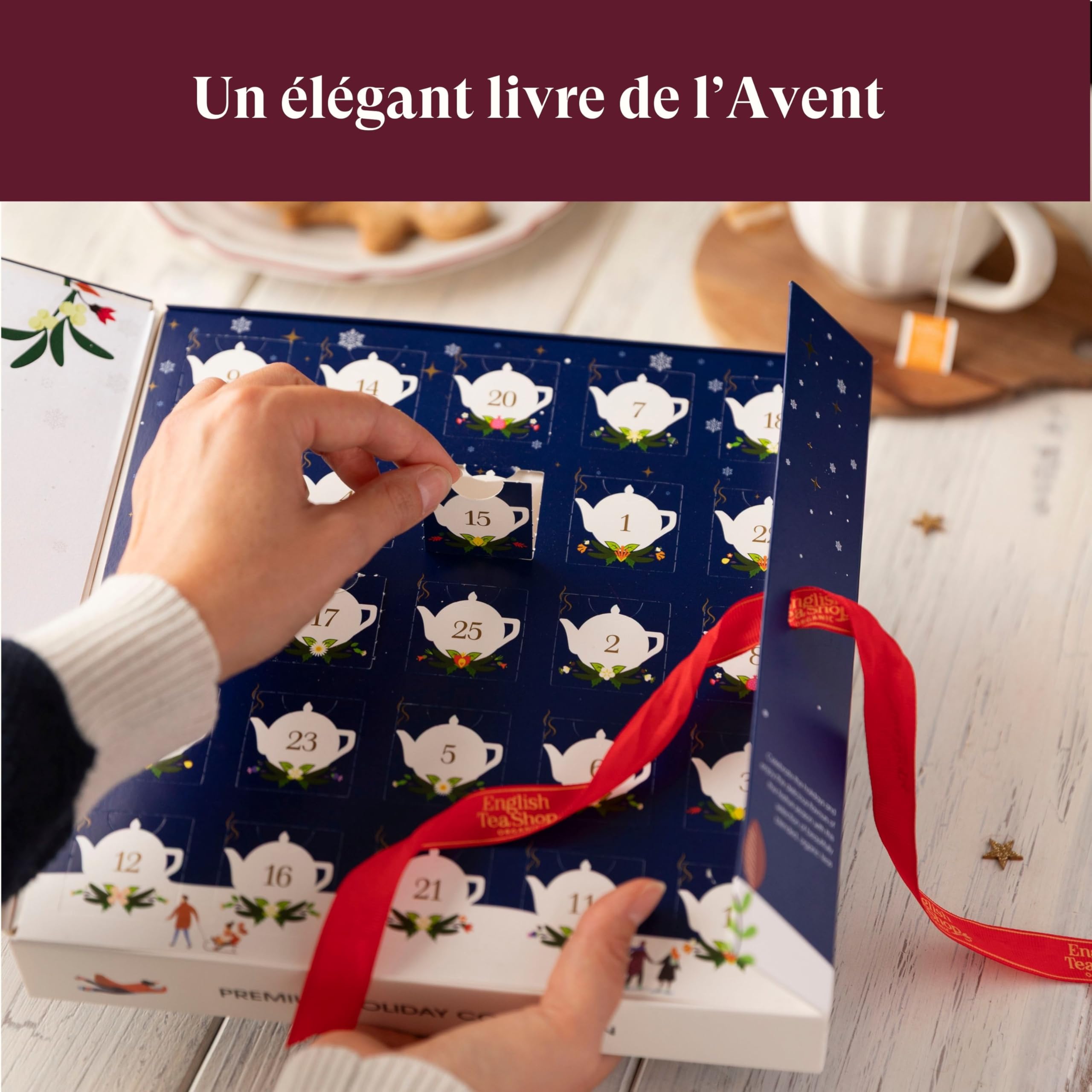 English Tea Shop - Calendrier de l'Avent thé et infusions biologiques - 25 sachets pyramides à découvrir dans chaque case - Livre bleu