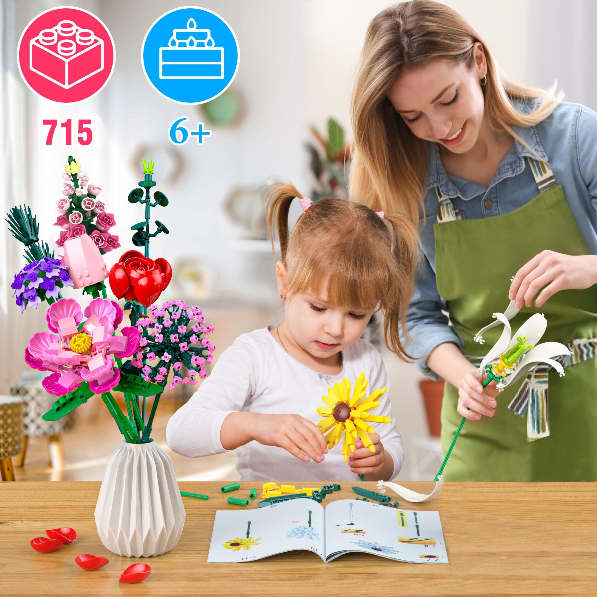 Kit de Construction Bouquet de Fleurs, 721 PCS 10 Flower Décoratives pour Bureau ou Maison, Cadeaux pour Noël Enfants 6+ Ans & Adultes, Fête des Mères, Saint-Valentin pour Homme ou Femme