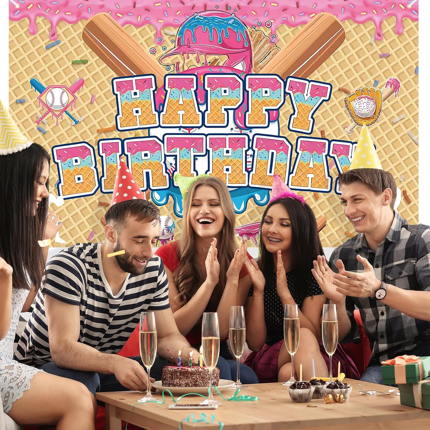 HunnmingRe Ice Cream Drip Baseball Birthday Party Decoration Baseball Drip Banner Sports Party Hanging Photo Supplies for Ice Cream Birthday Summer Gathering Decorations