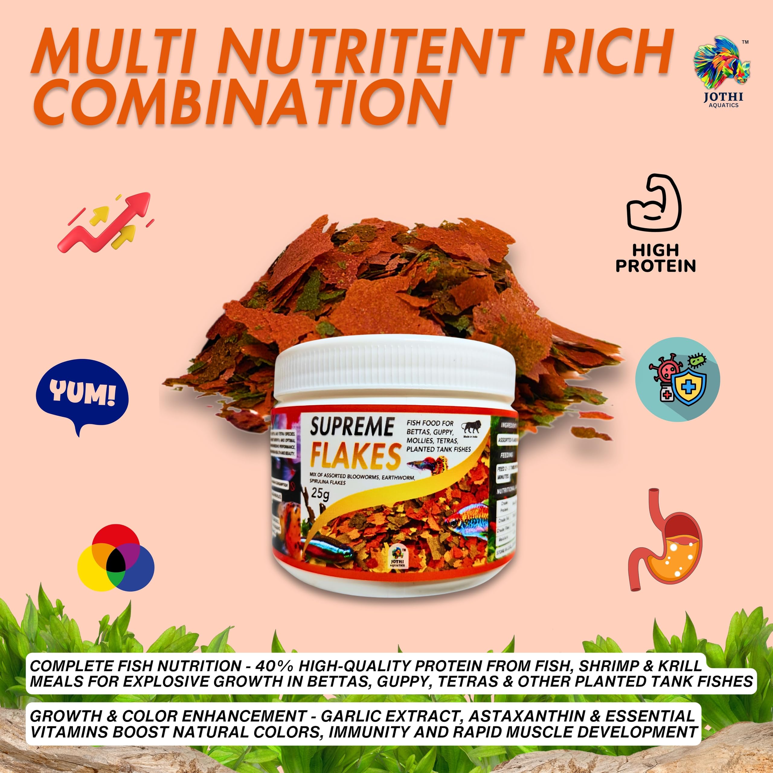 Jothi Aquatics Supreme Flakes 25g Fish Food | 60% Max Protein | Bloodworm, Spirulina & Earthworm Mix | High Growth & Color | for Bettas, Guppy, Tetra & All Small Aquarium Tropical Fishes 2