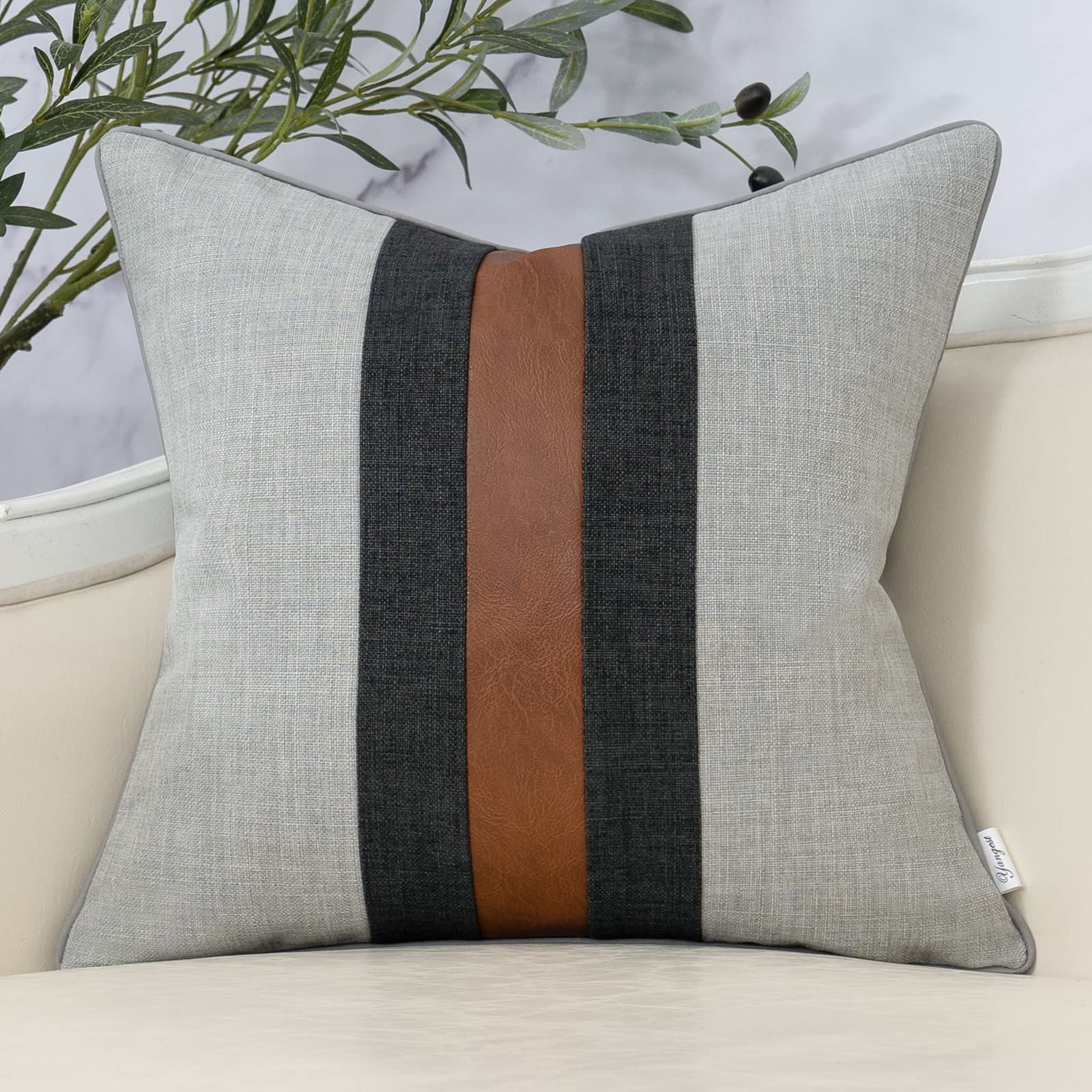 Yangest Patchwork Pillow Cover 20x20 Inch Luxury Cotton and Linen Cushion Cover Faux Leather Pillowcover for Couch Bedroom Living Room, Gray