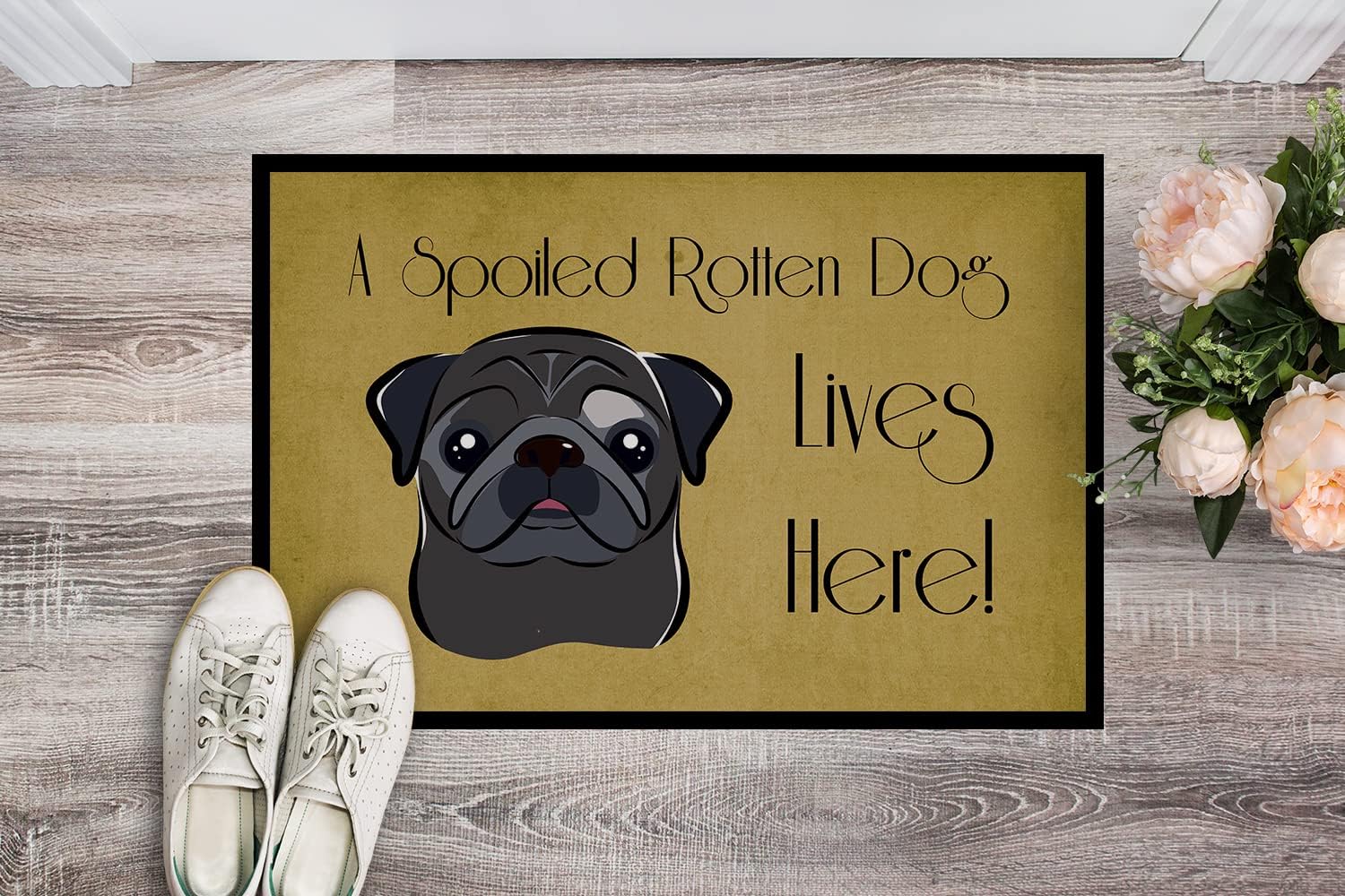 Caroline's Treasures BB1511MAT Black Pug Spoiled Dog Lives Here Doormat 18x27 Front Door Mat Indoor Outdoor Rugs for Entryway, Non Slip Washable Low Pile, 18H X 27W